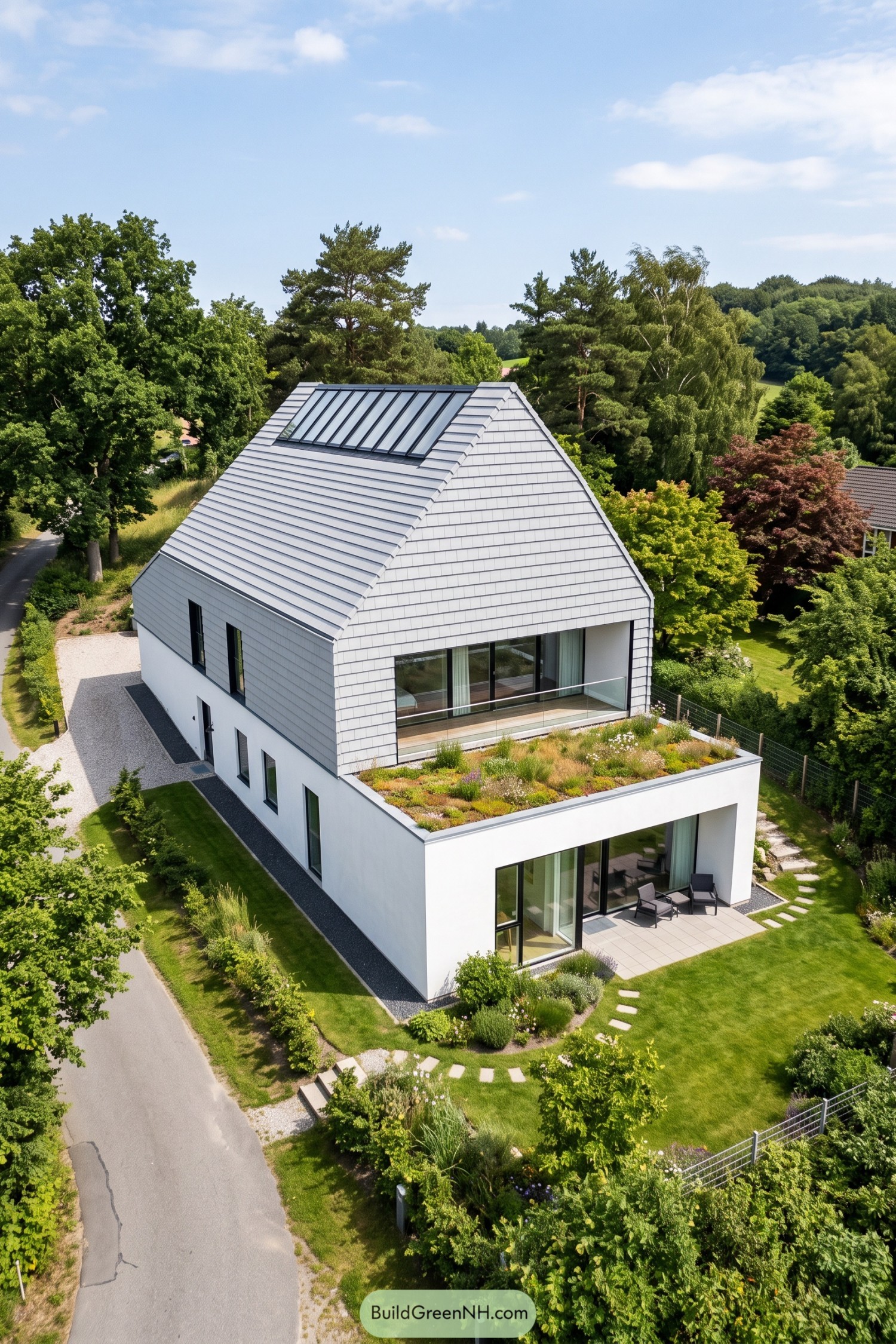 Modern farmhouse with a planted roof terrace and glazed gable