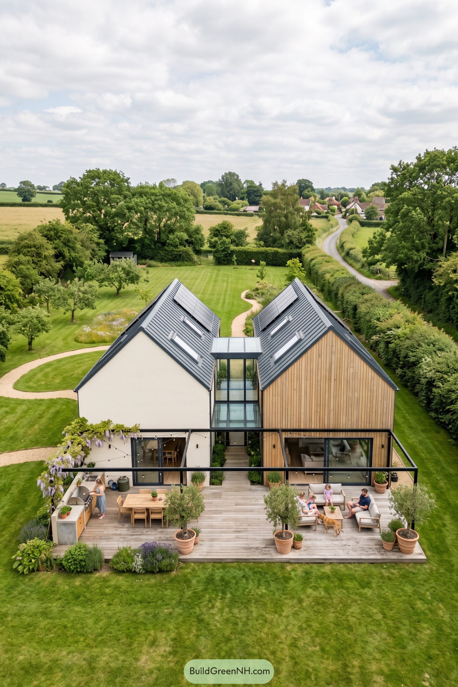 Modern twin gabled home with solar panels and garden terrace