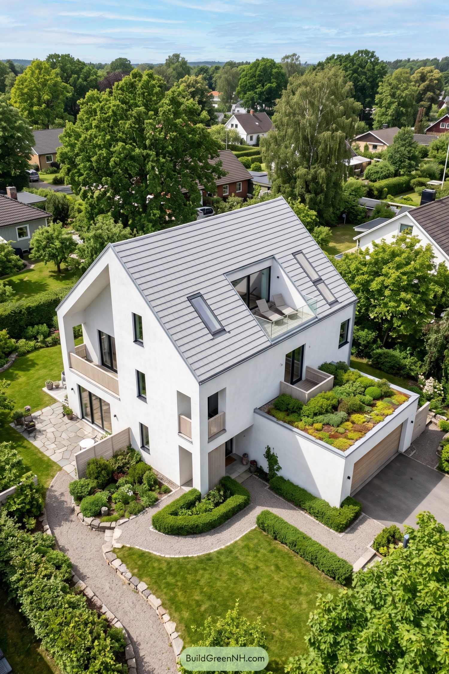 White gabled family home with roof terrace and green garage roof