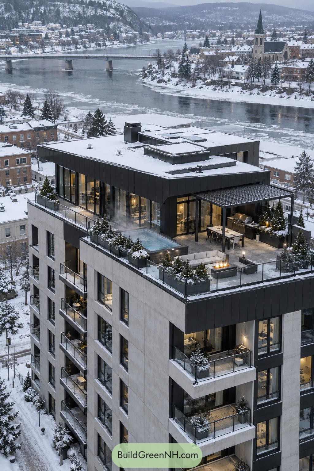 Snowy rooftop penthouse with spa terrace and river views