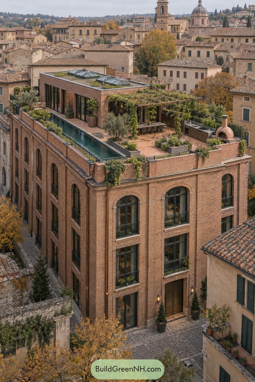 Brick penthouse with rooftop pool garden and outdoor kitchen