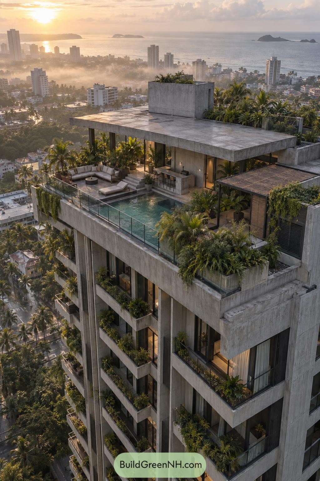 Concrete penthouse terrace with pool and lush planting overlooking the sea