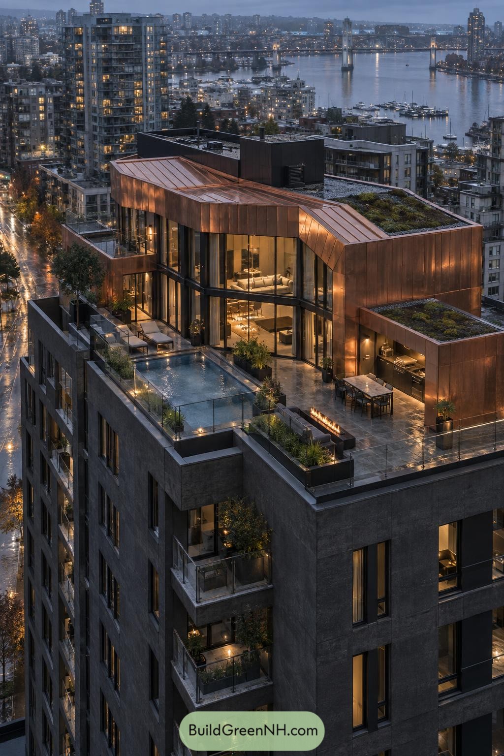 Copper-clad penthouse with pool terrace overlooking a harbor city
