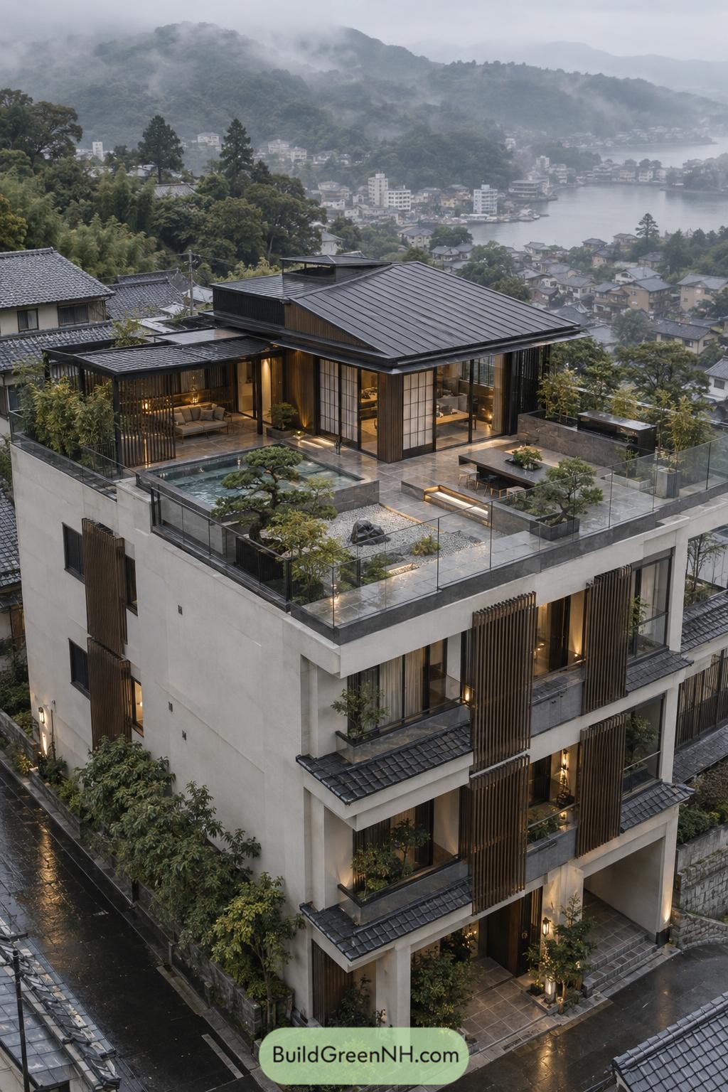 Japanese inspired penthouse terrace overlooking a misty lake