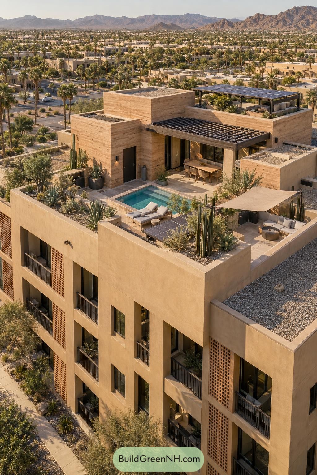 Rooftop penthouse with plunge pool cactus garden and shaded lounges