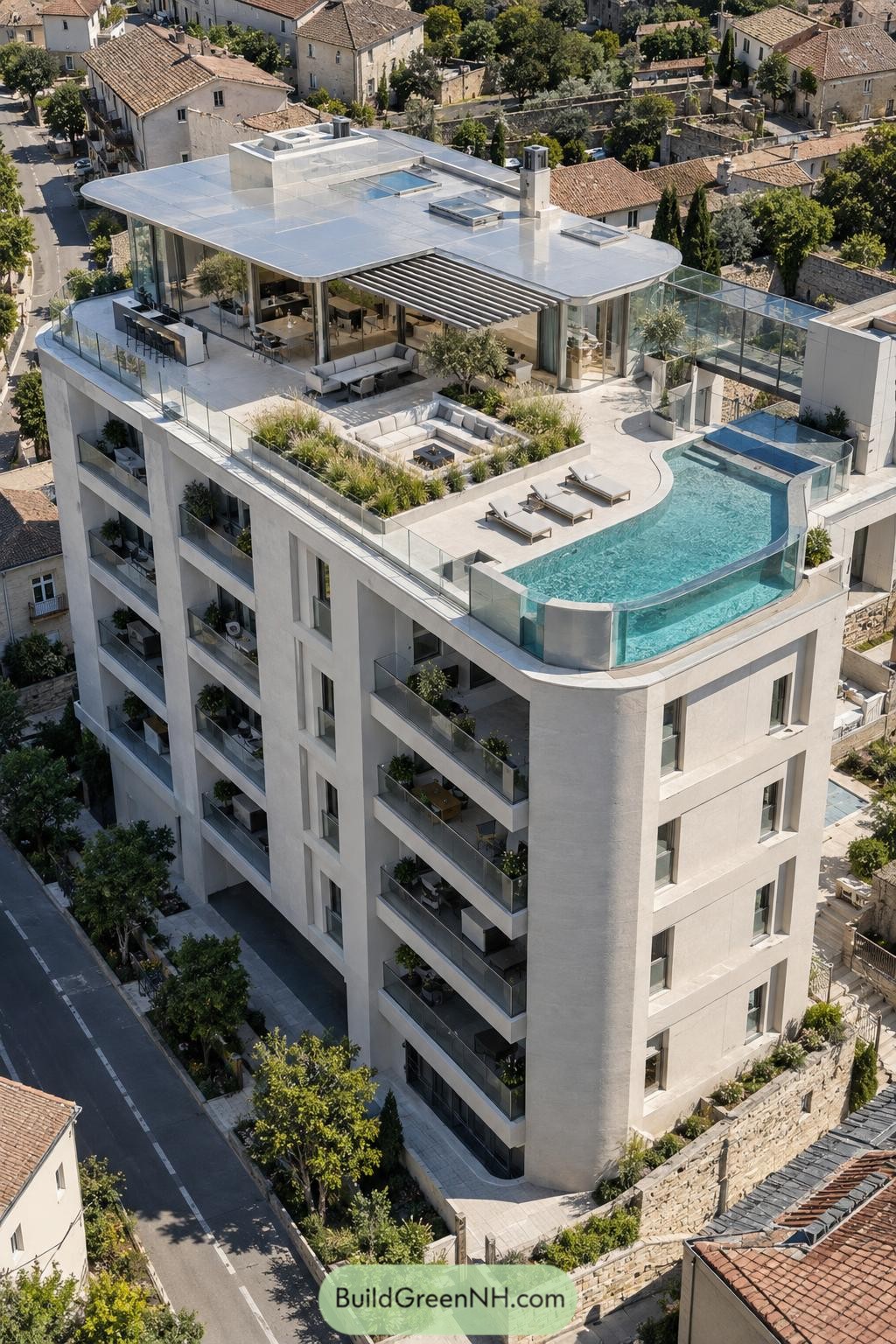 Modern penthouse terrace with curved rooftop pool and lounge areas