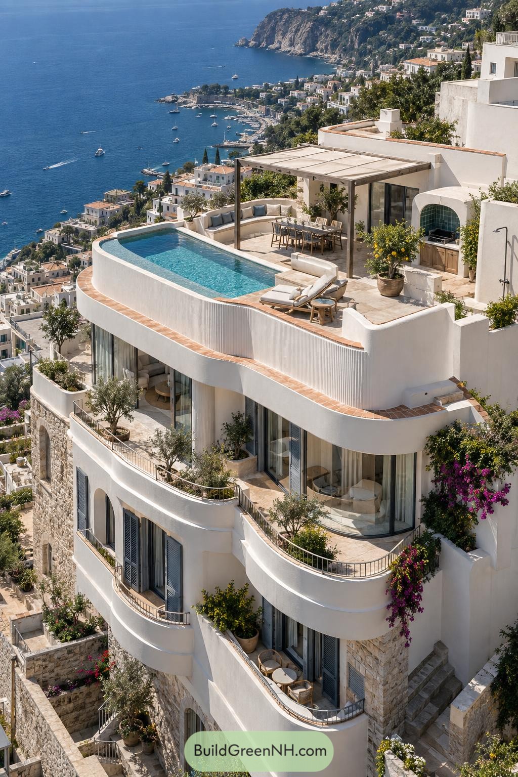 Curved white penthouse with rooftop pool overlooking the Amalfi Coast