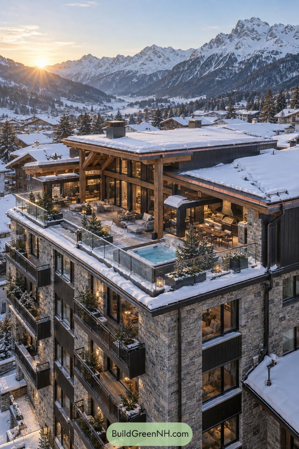 Snowy mountain penthouse with terrace spa