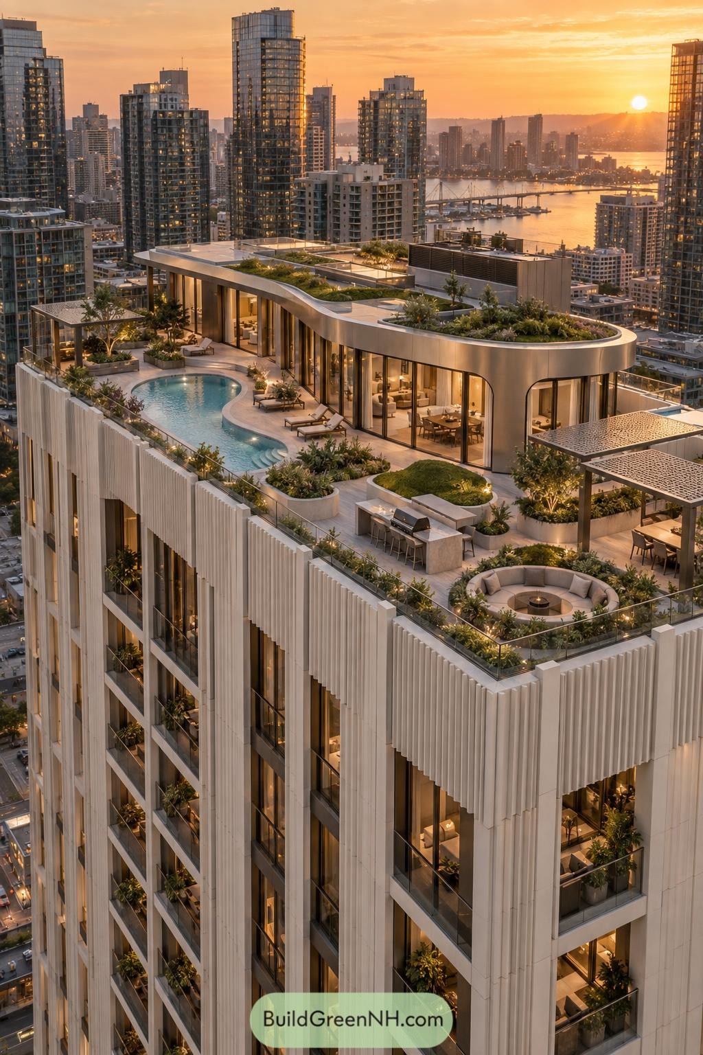 Curved rooftop penthouse with pool gardens and river sunset views