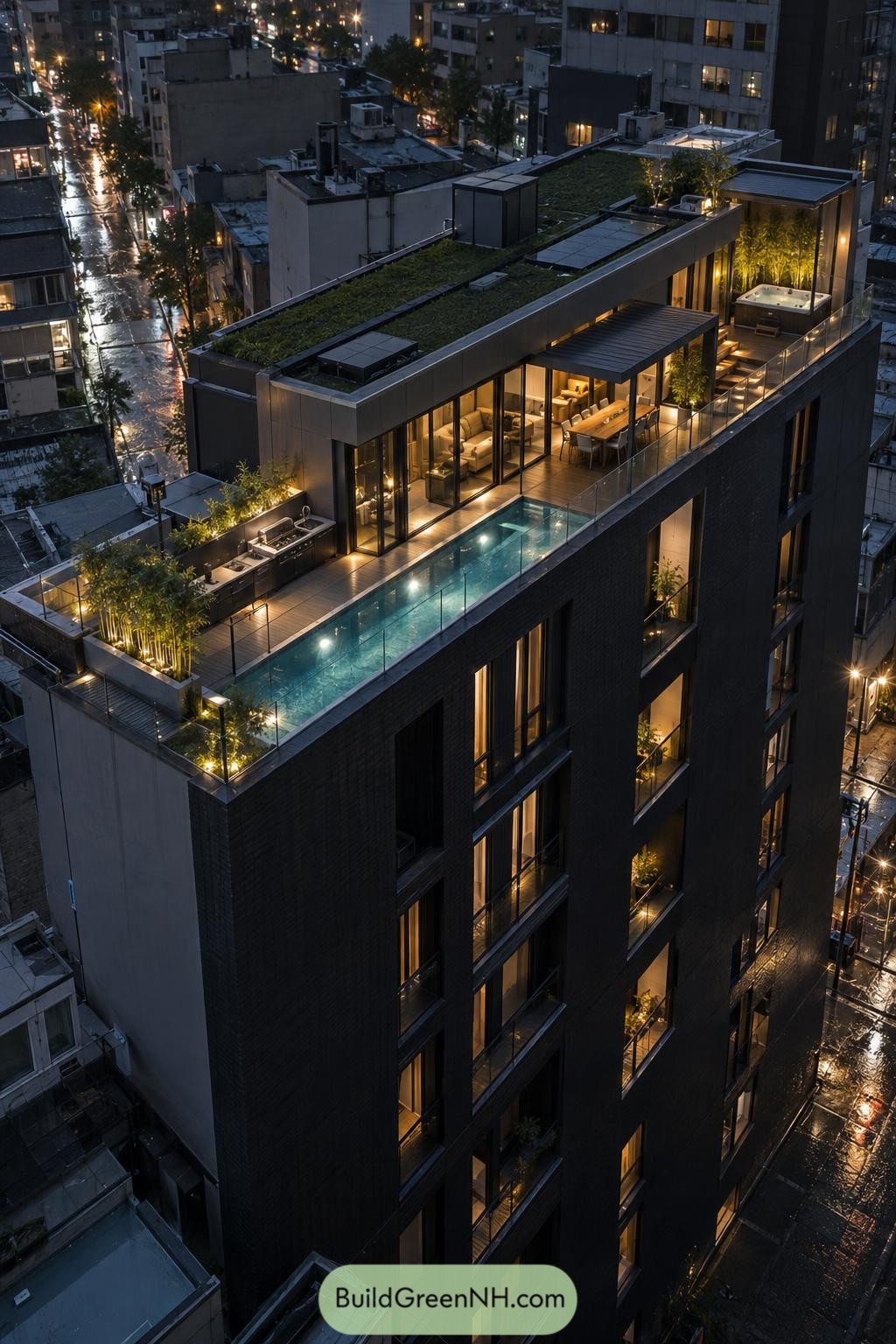 Rooftop penthouse with a lap pool bamboo planters and glowing terrace