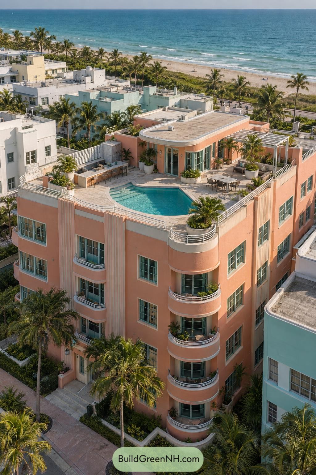 Peach Art Deco penthouse with rooftop pool beside a palm-lined beach