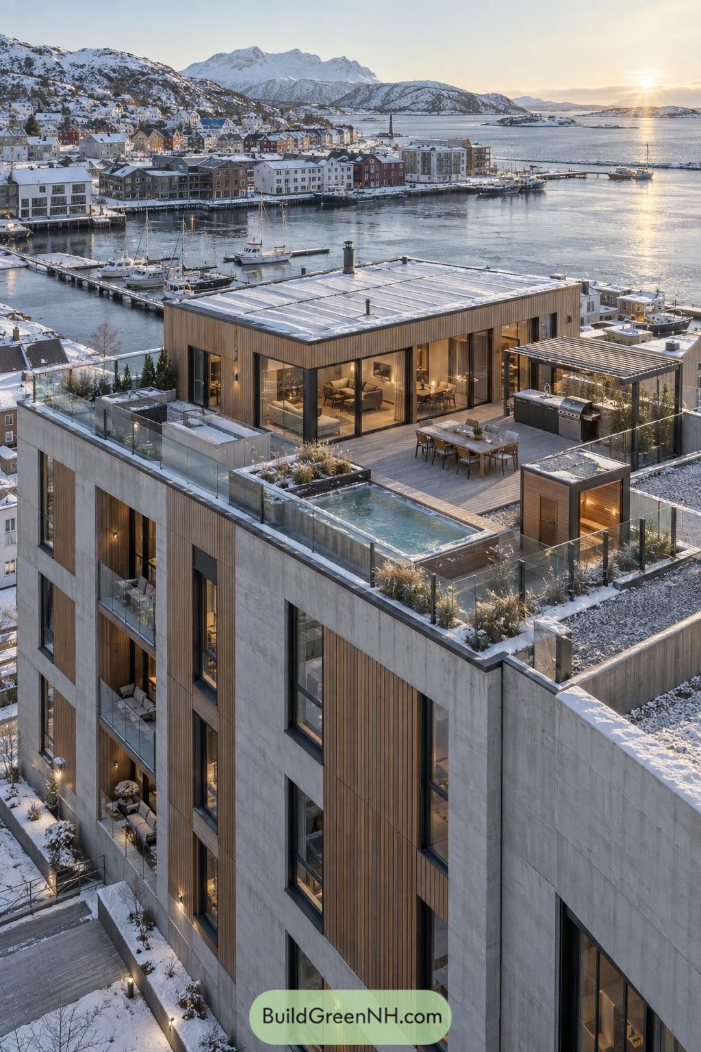 Snowy waterfront penthouse with terrace pool and mountain views