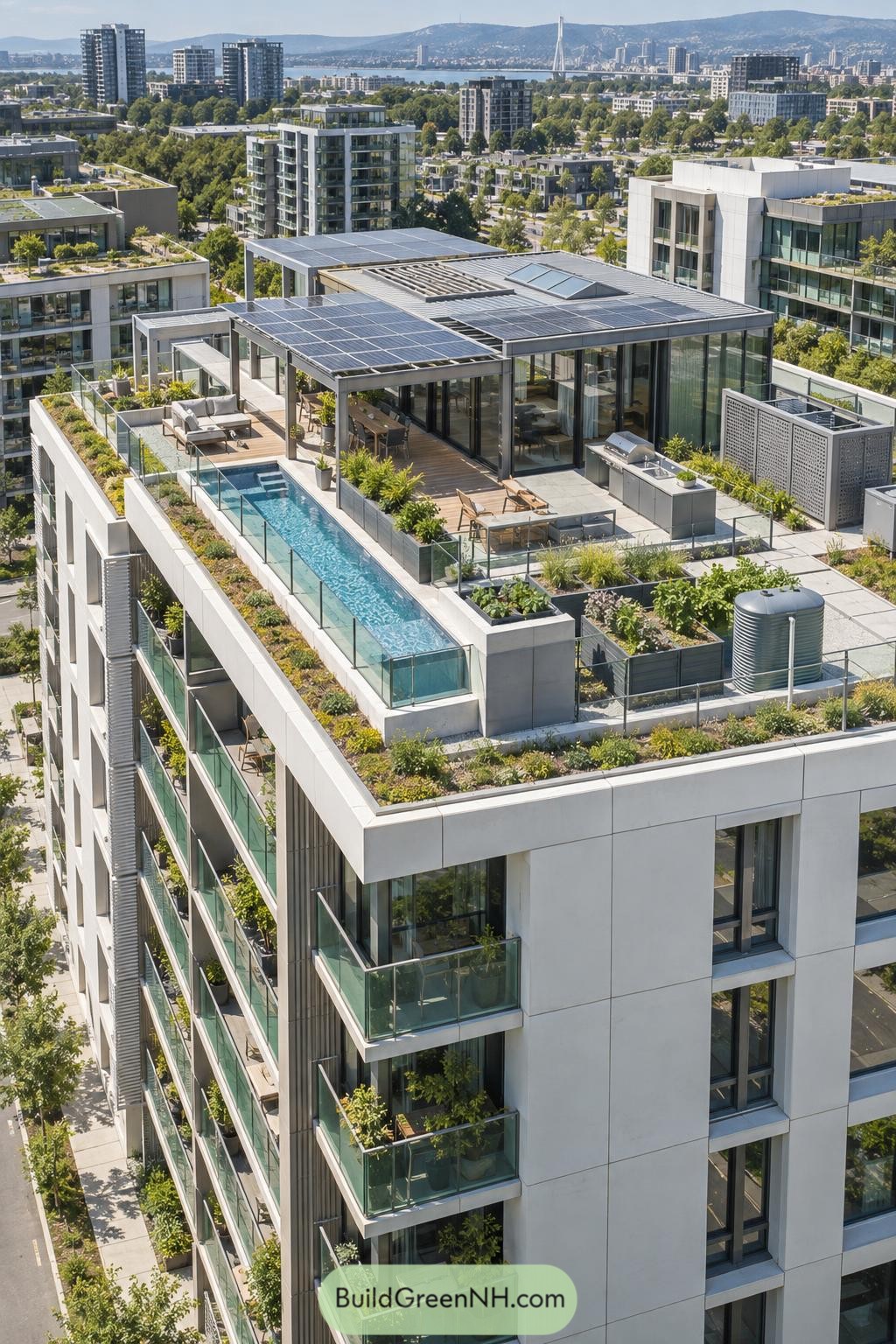 Rooftop penthouse with solar pergolas pool gardens and city views
