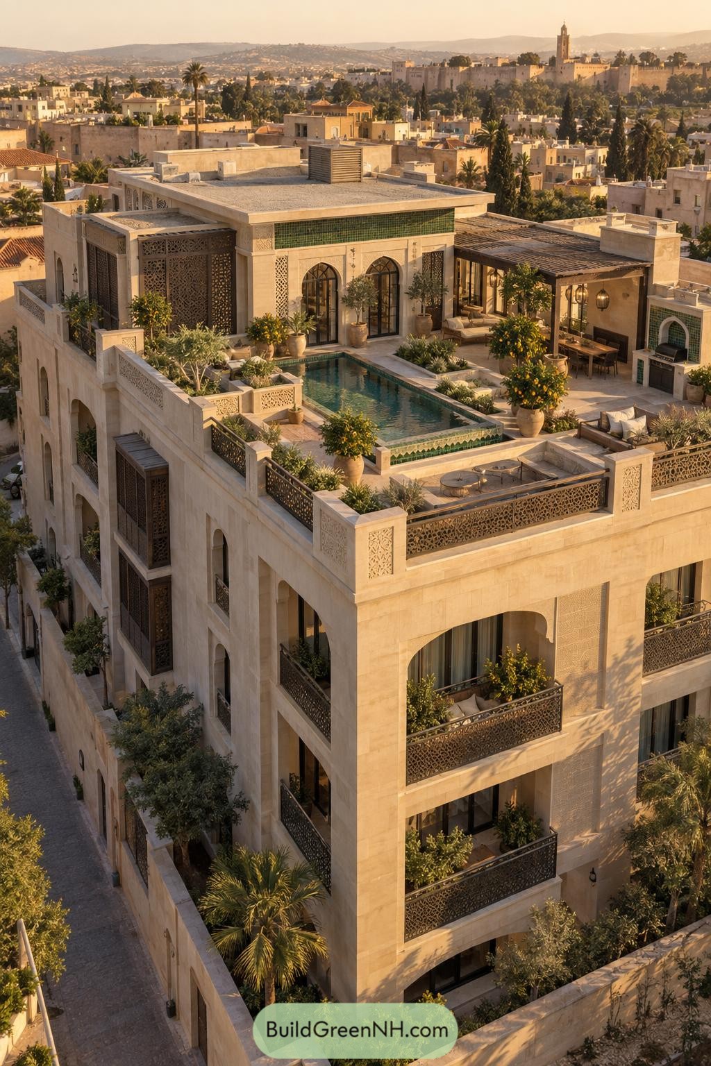 Stone penthouse with a tiled pool and citrus terrace