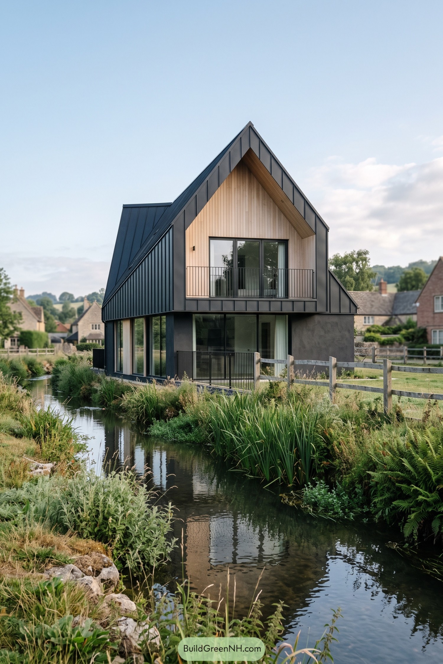 Contemporary black gable house beside a narrow canal