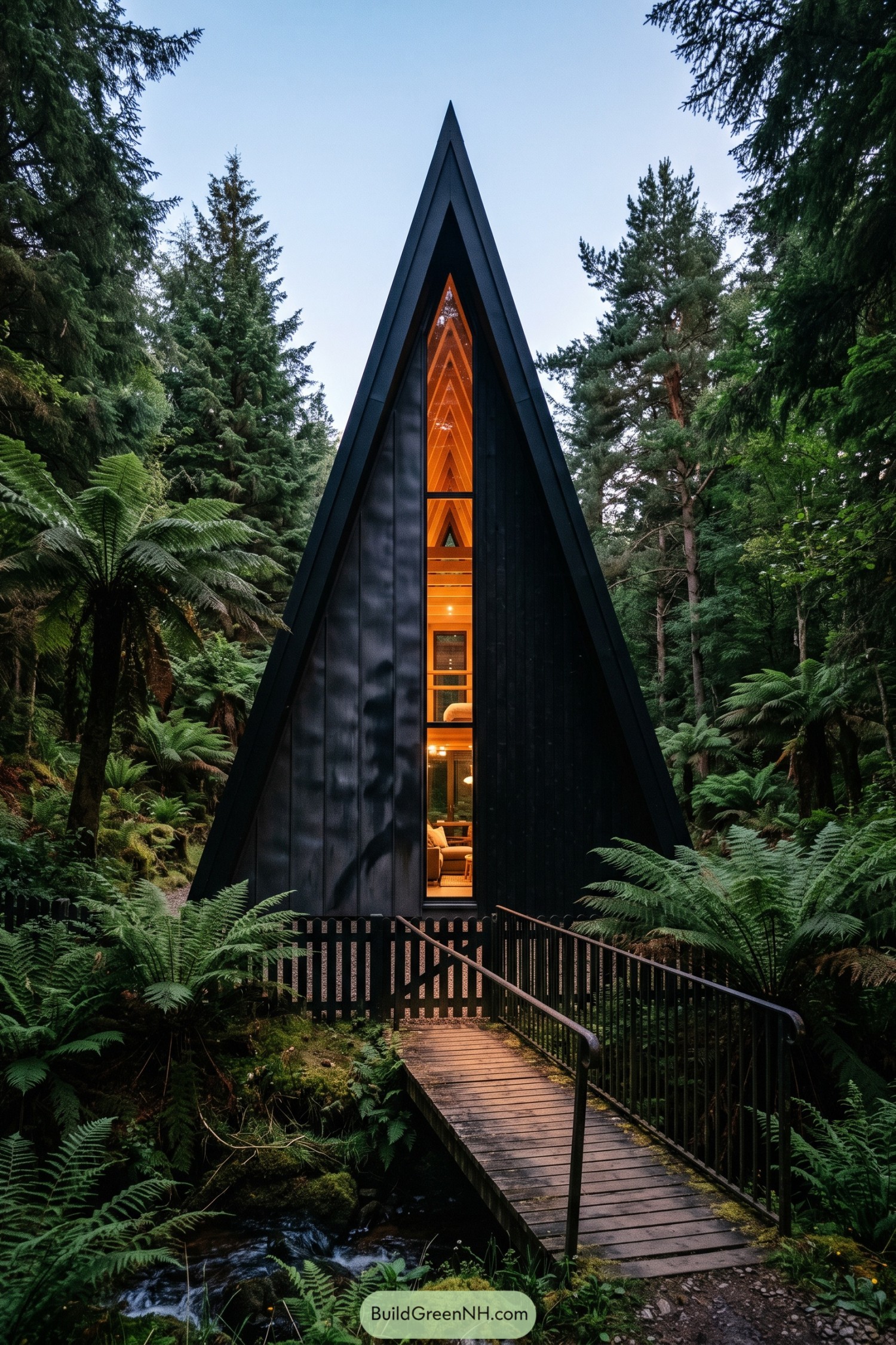 Black A frame cabin beside a fern-lined stream
