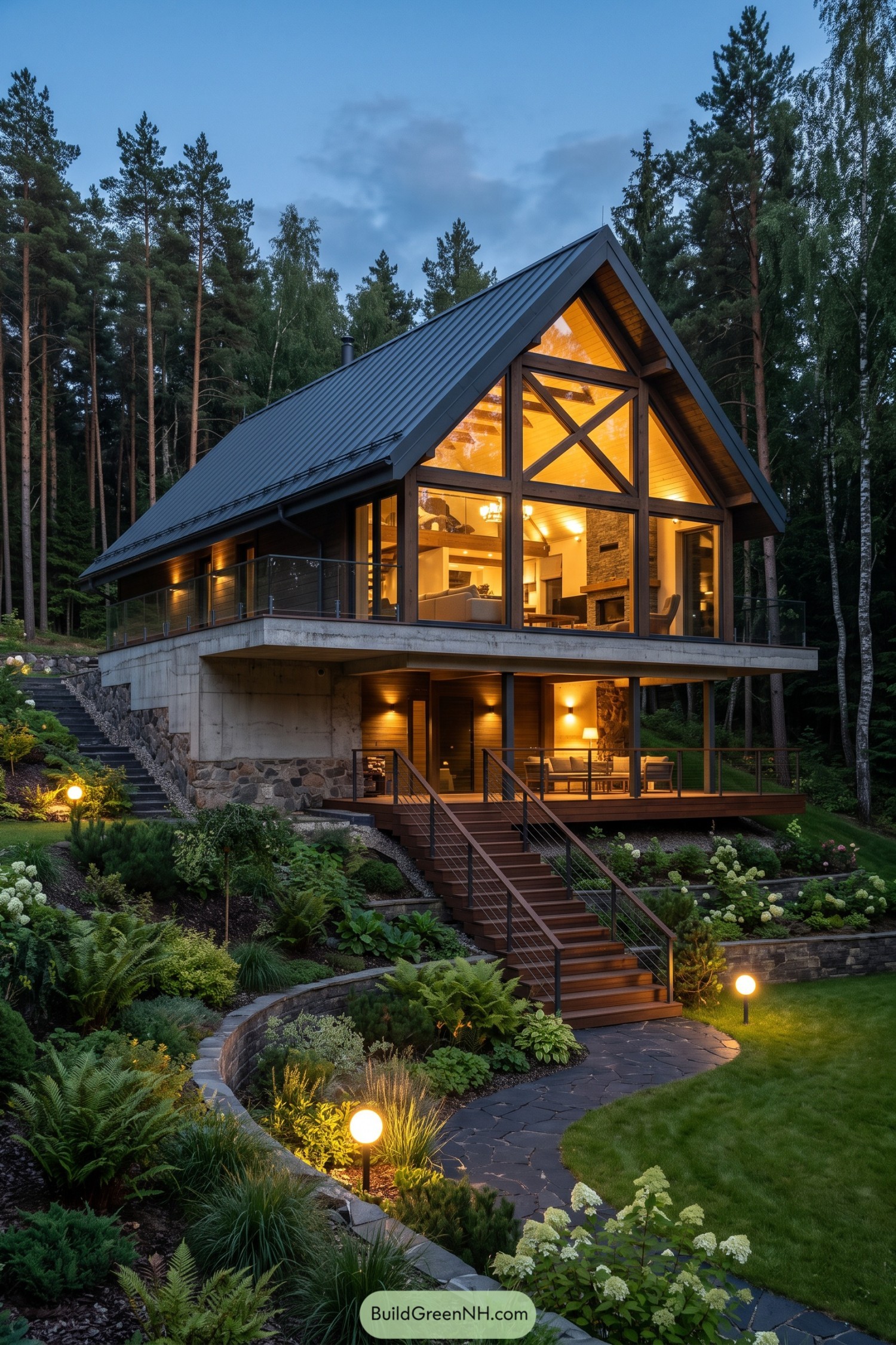 Modern timber chalet with a steep metal roof
