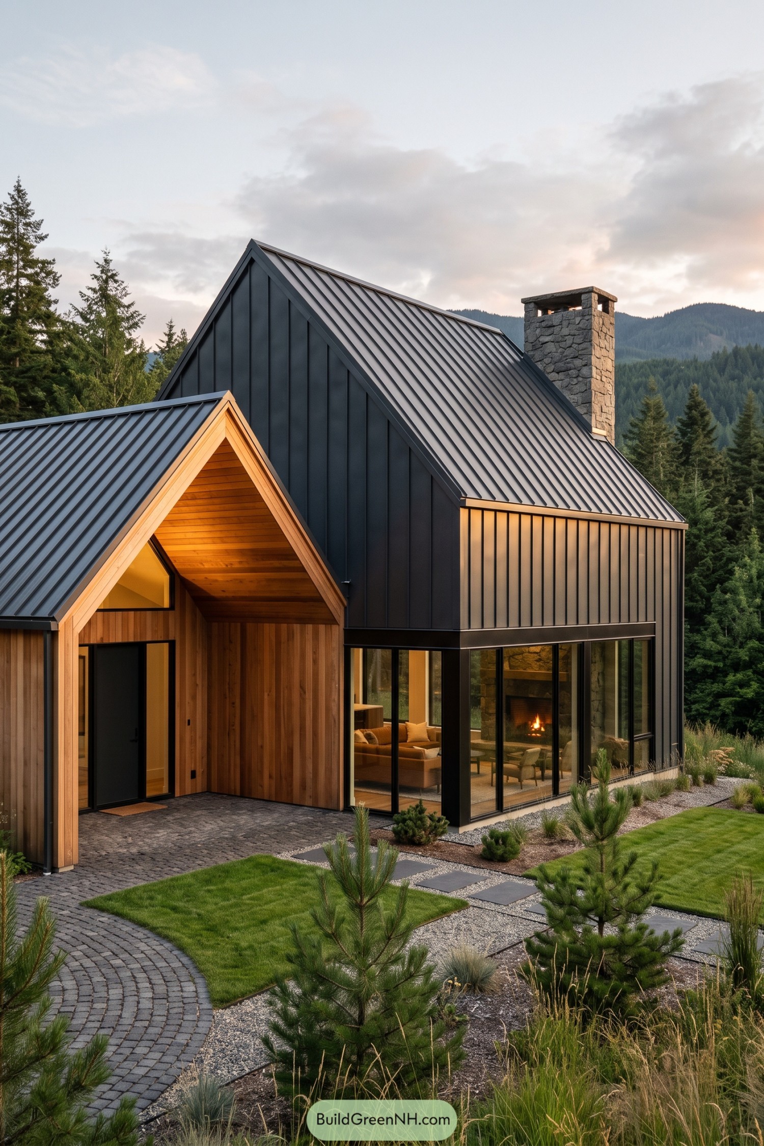 Modern black metal gable home with stone chimney