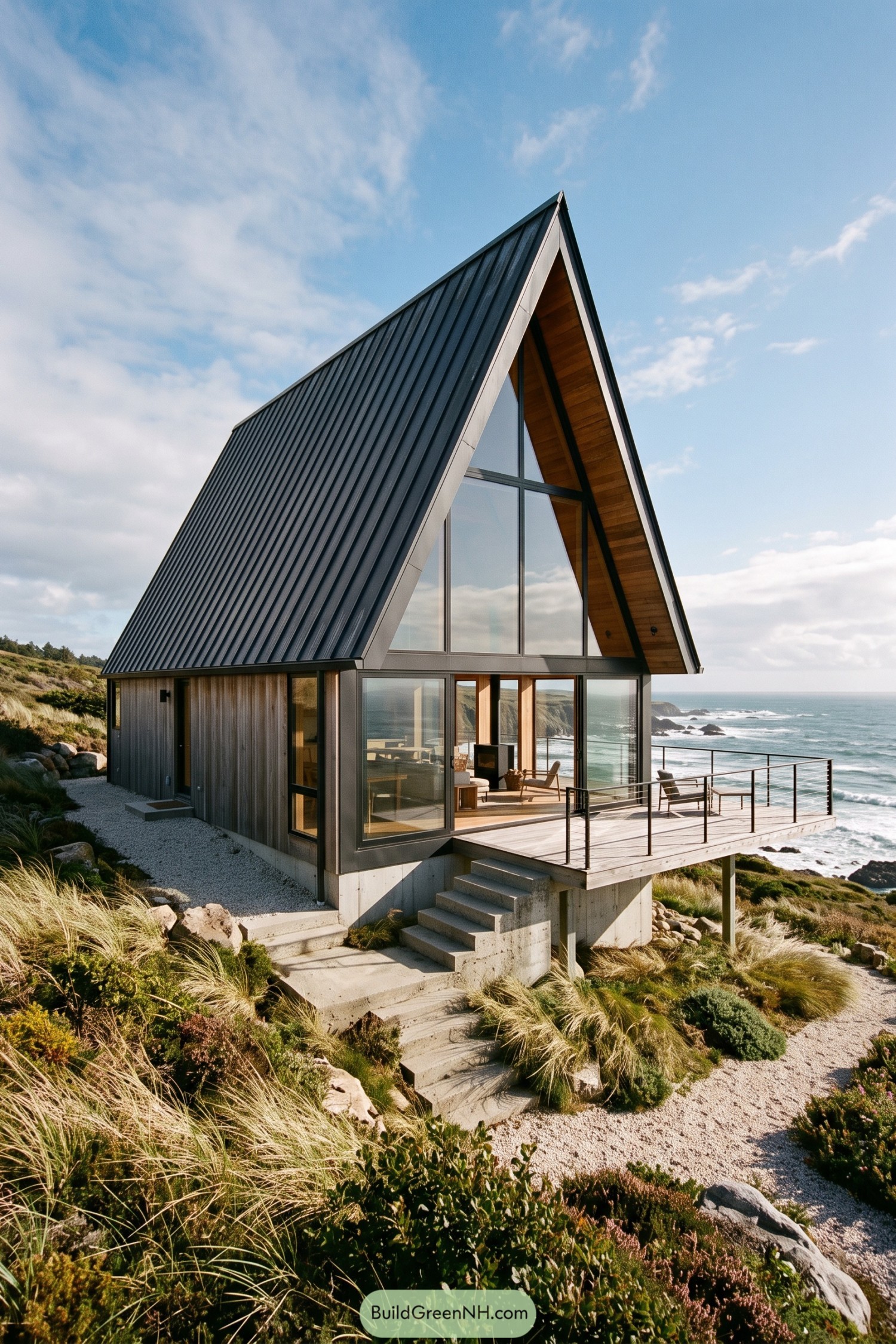 Modern A-frame house overlooking a rocky ocean shore