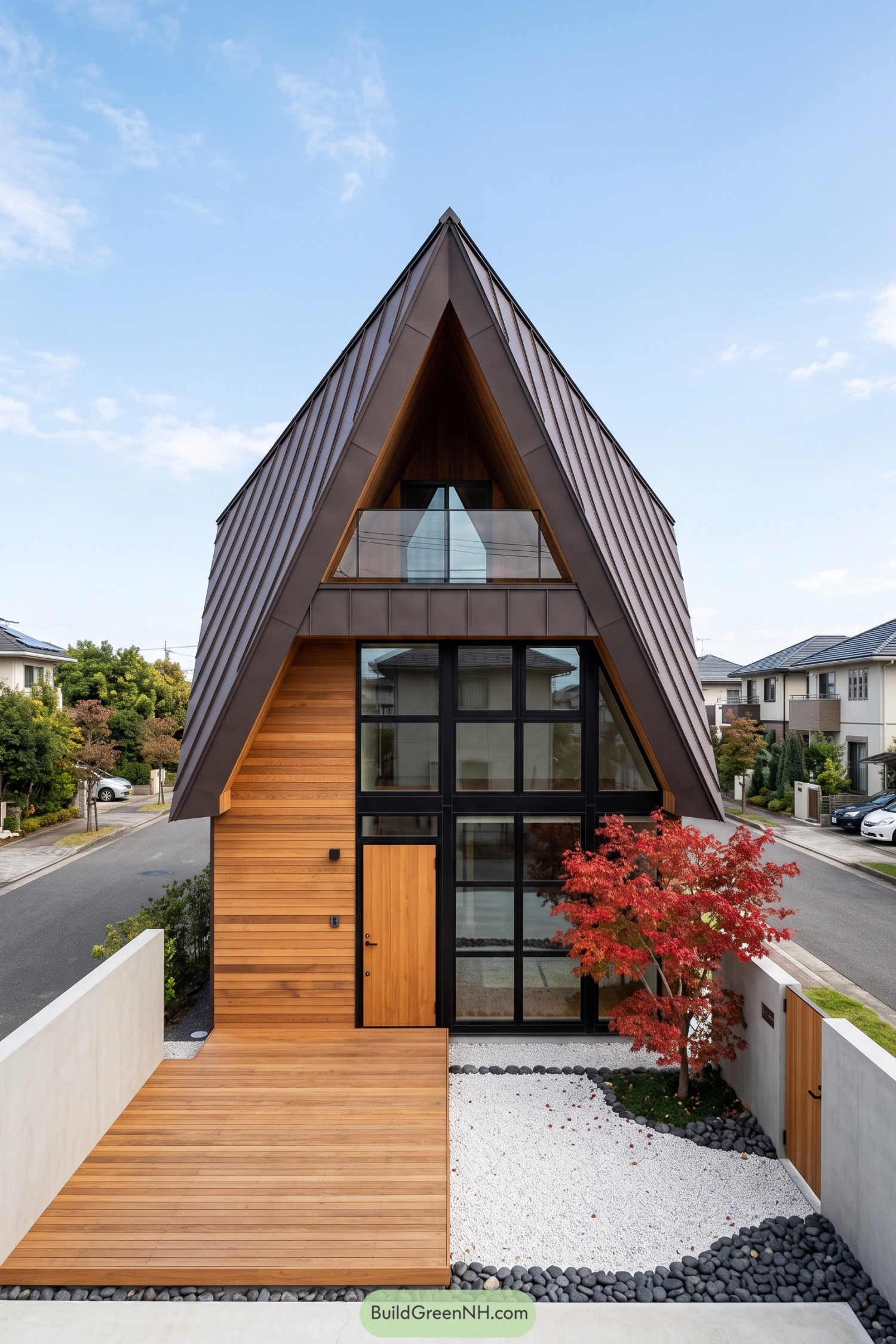 Contemporary A-frame home with metal roof and timber facade