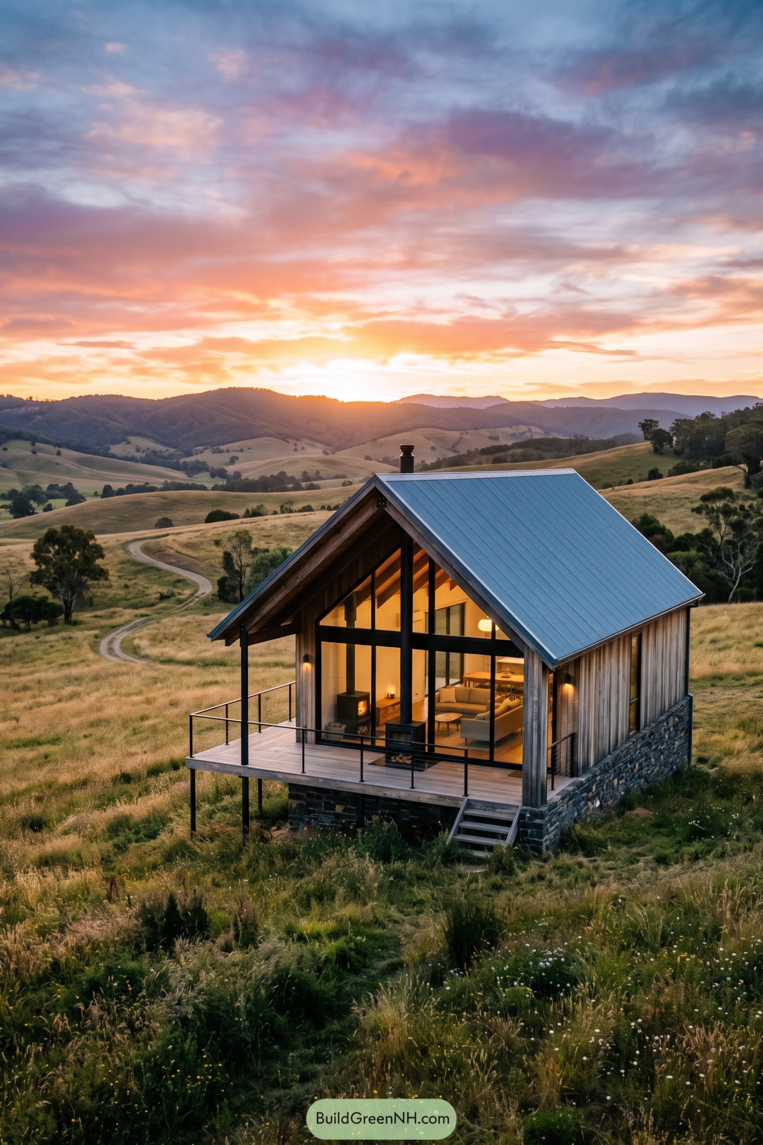 Compact gable cottage overlooking rolling hills at sunset