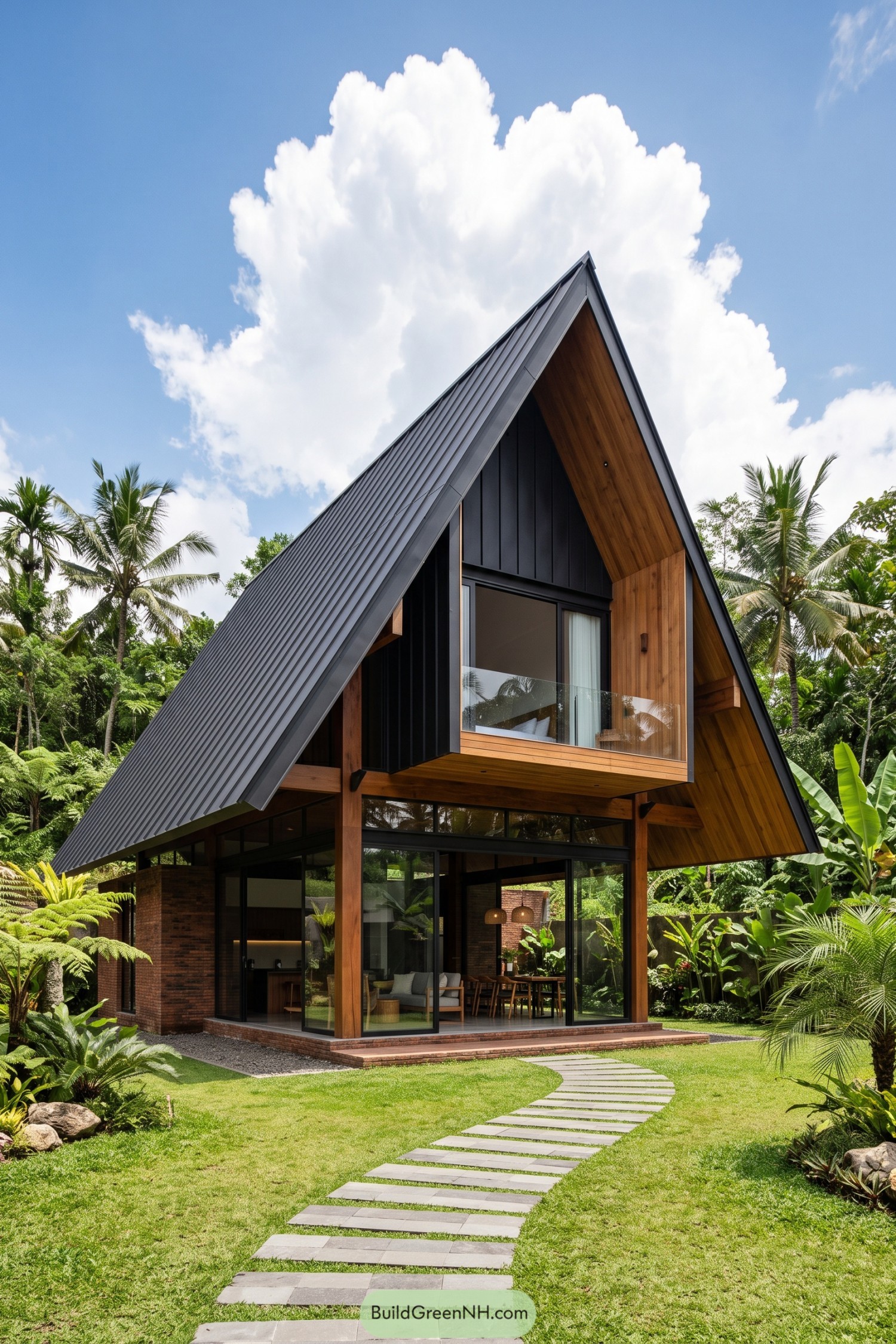 Modern A-frame home with dark metal roof in tropical garden