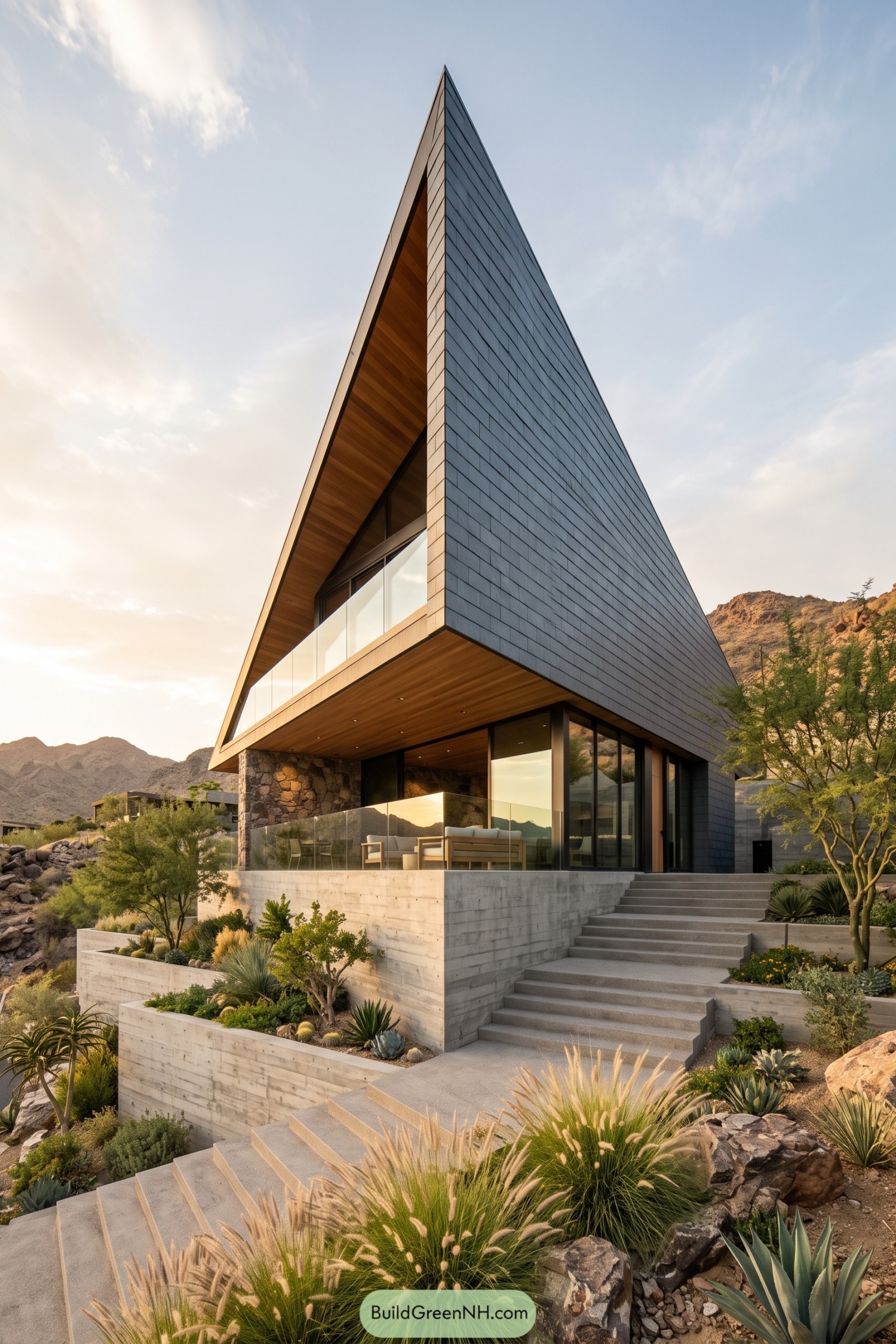 Steep slate-clad desert home with glass terraces