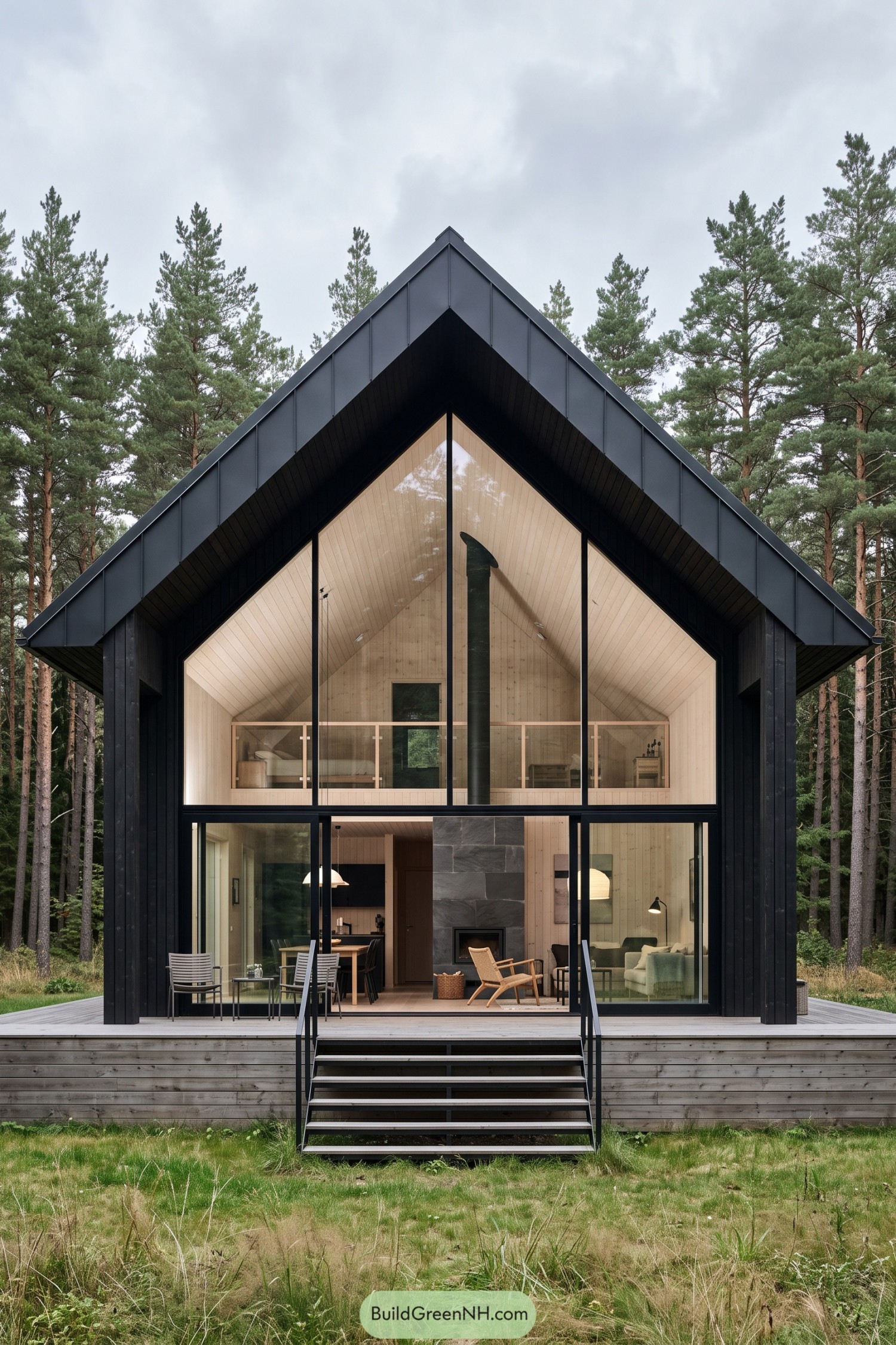 Black gabled woodland house with tall glass frontage
