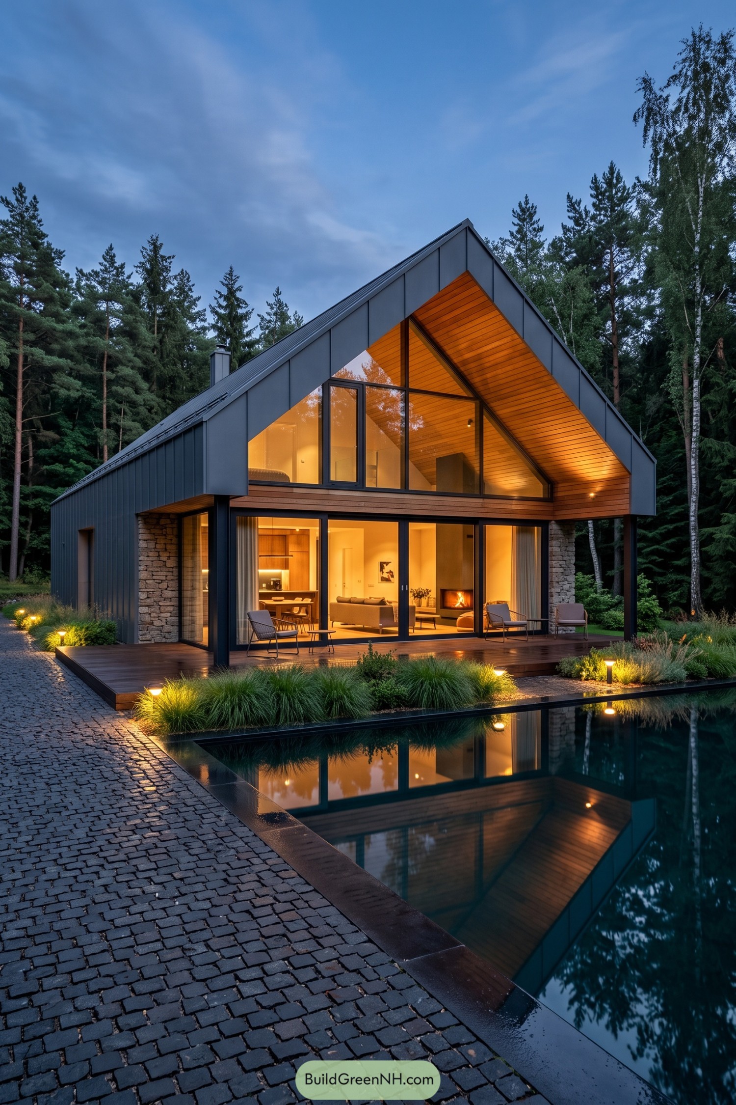 Modern dark gable house beside a reflecting pool in woodland