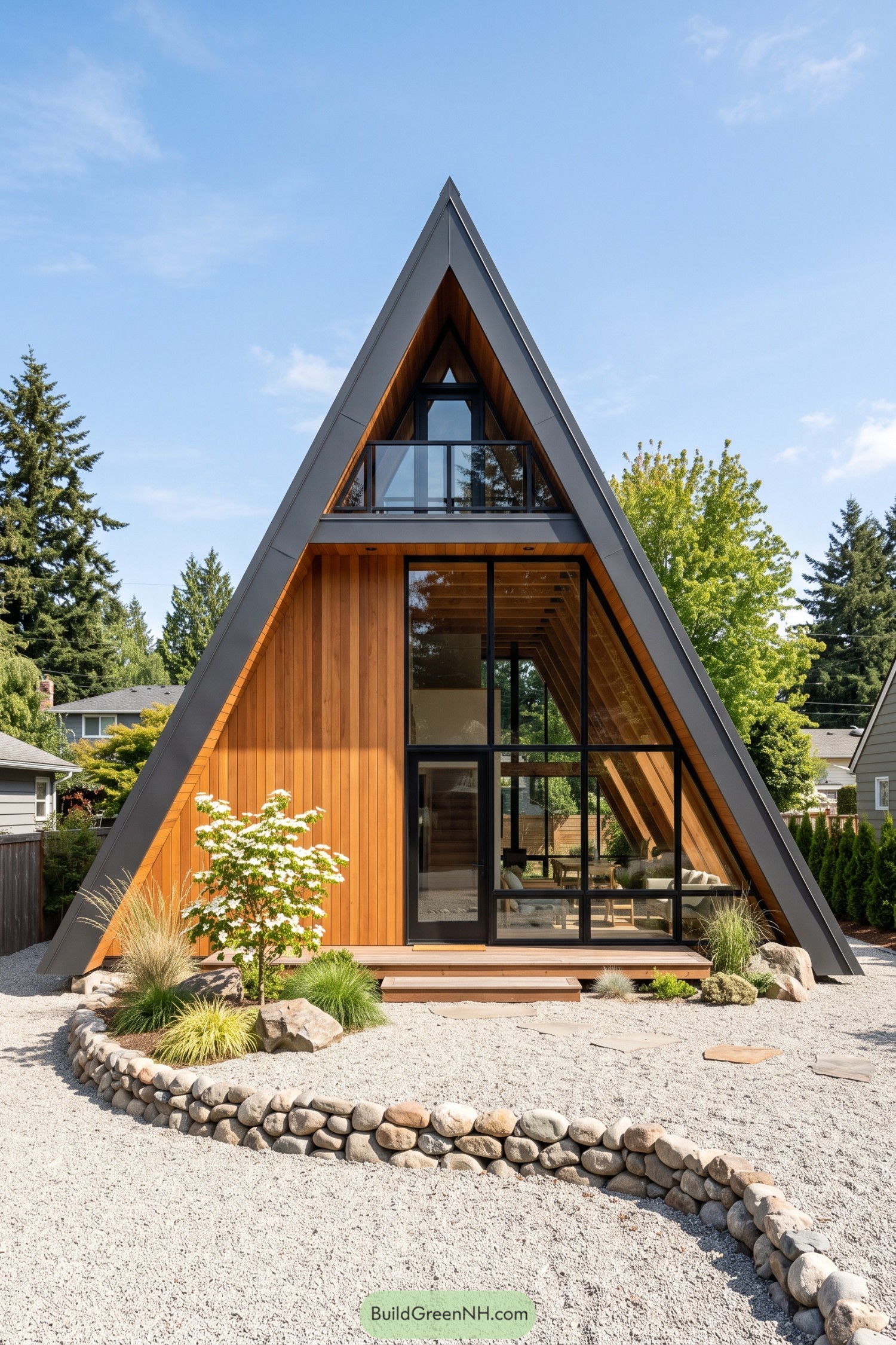 Modern cedar A-frame house with tall glass facade