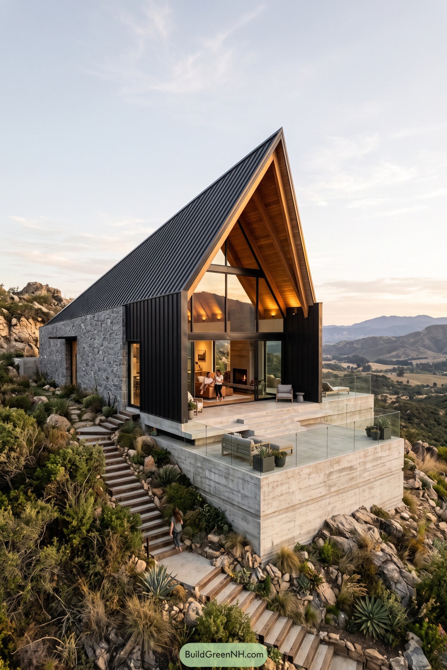 Modern steep gable home with a valley terrace