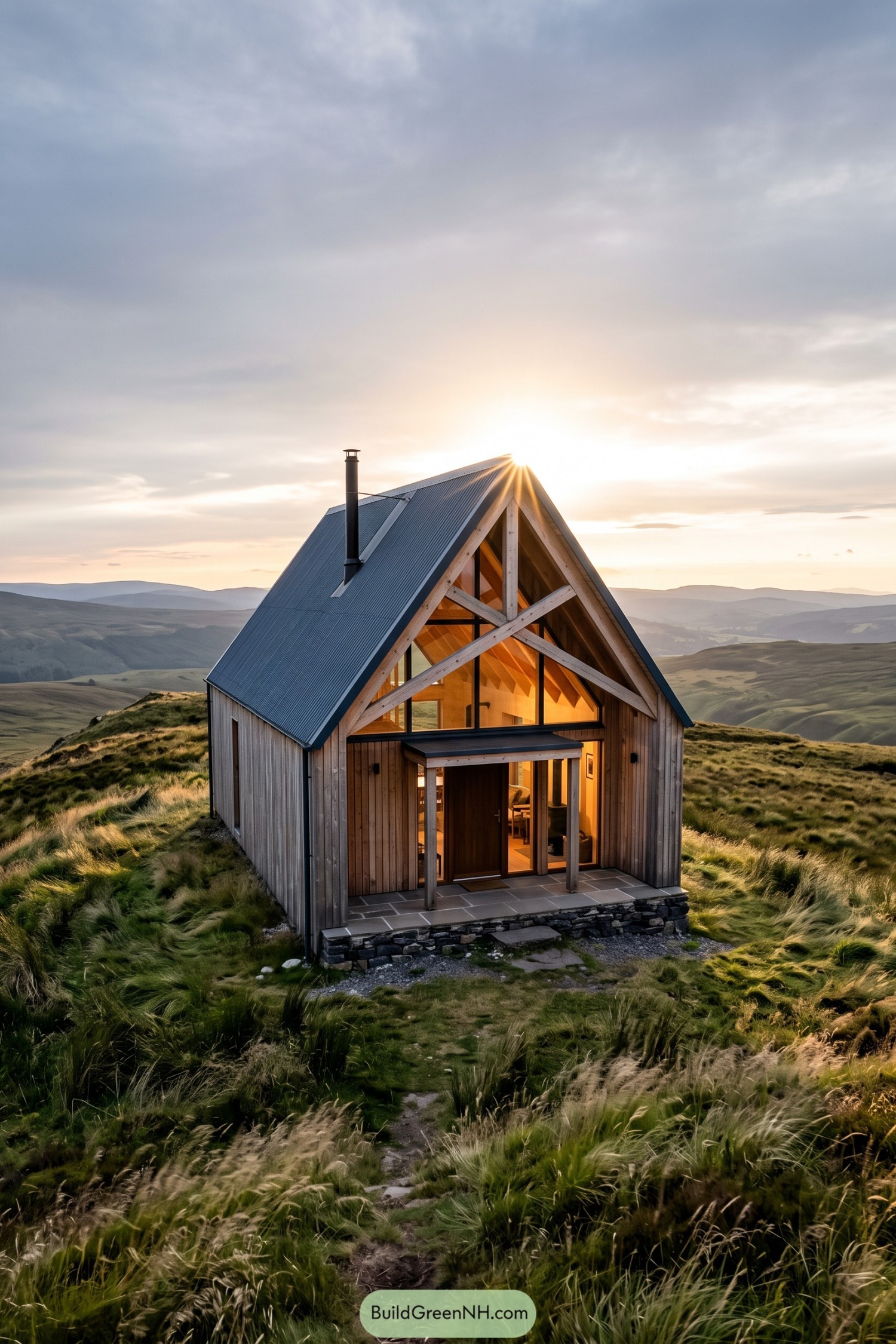 Timber cabin with steep metal roof on grassy hills