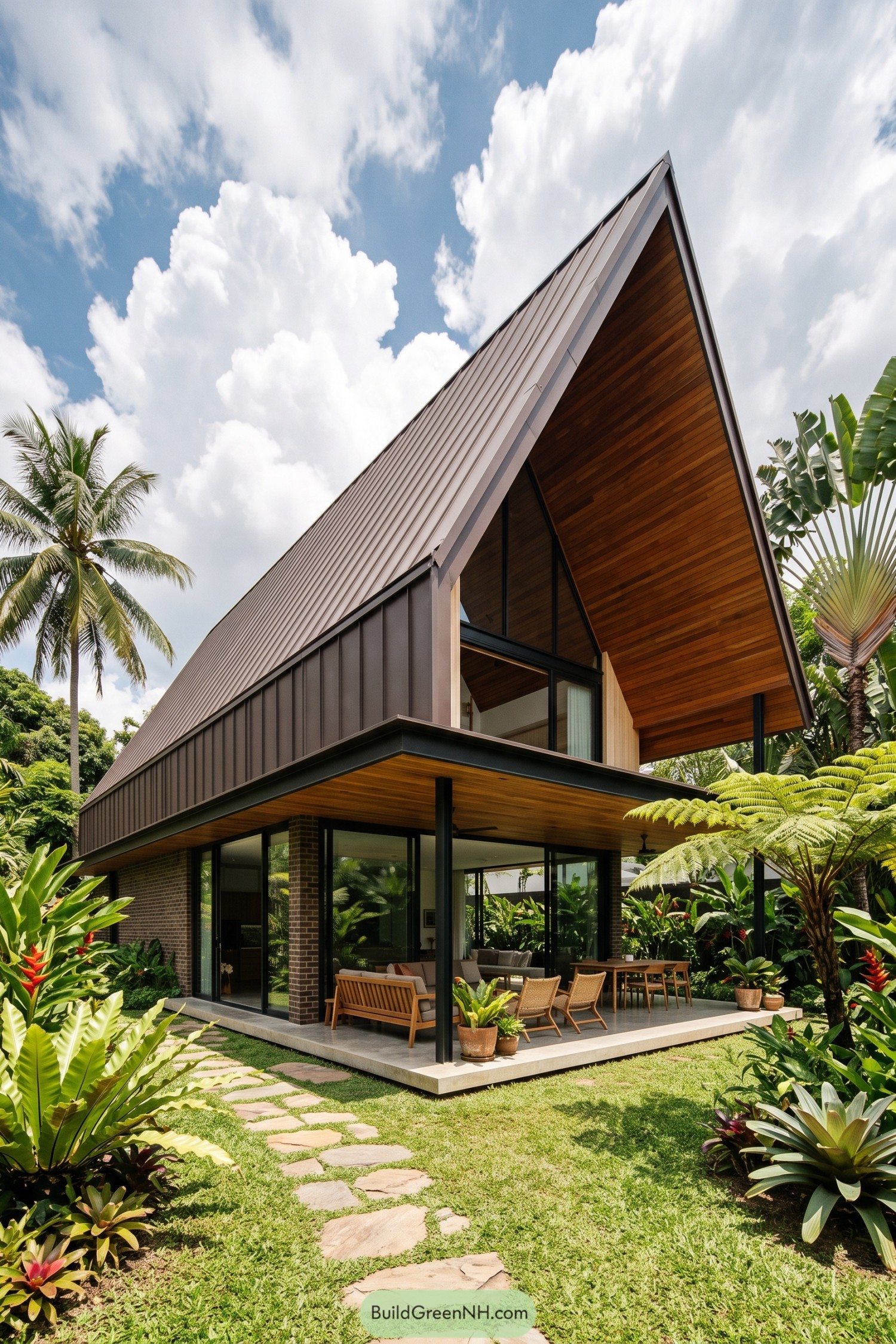 Steep metal gable home with timber soffits and a covered tropical patio
