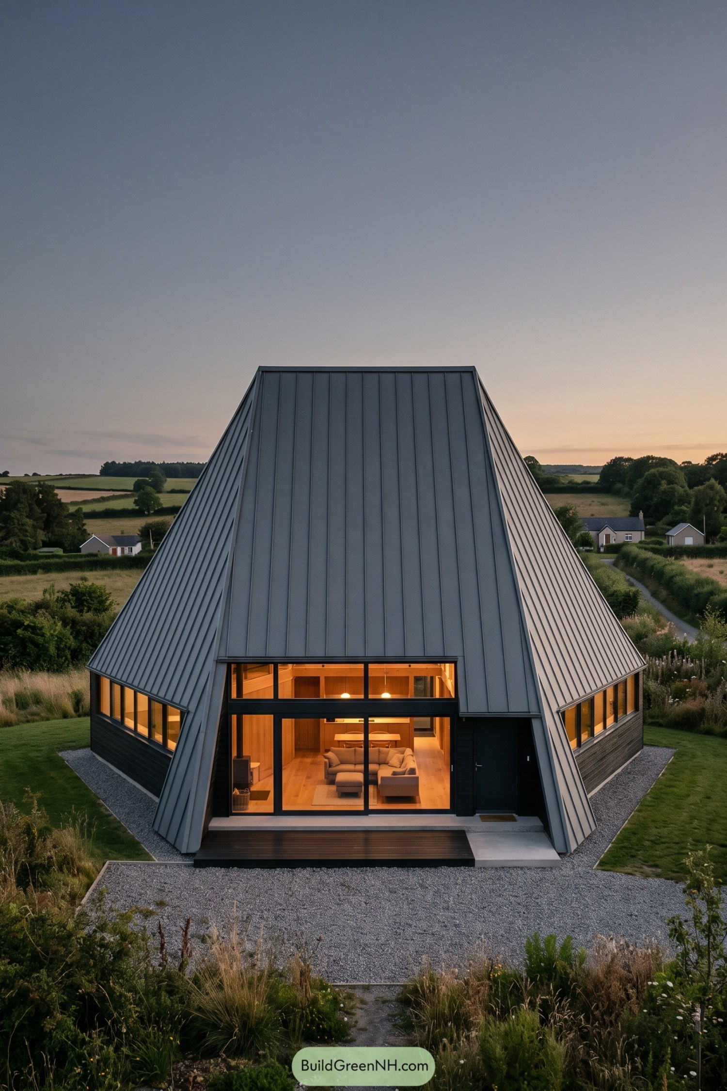Modern rural home beneath a towering folded metal roof
