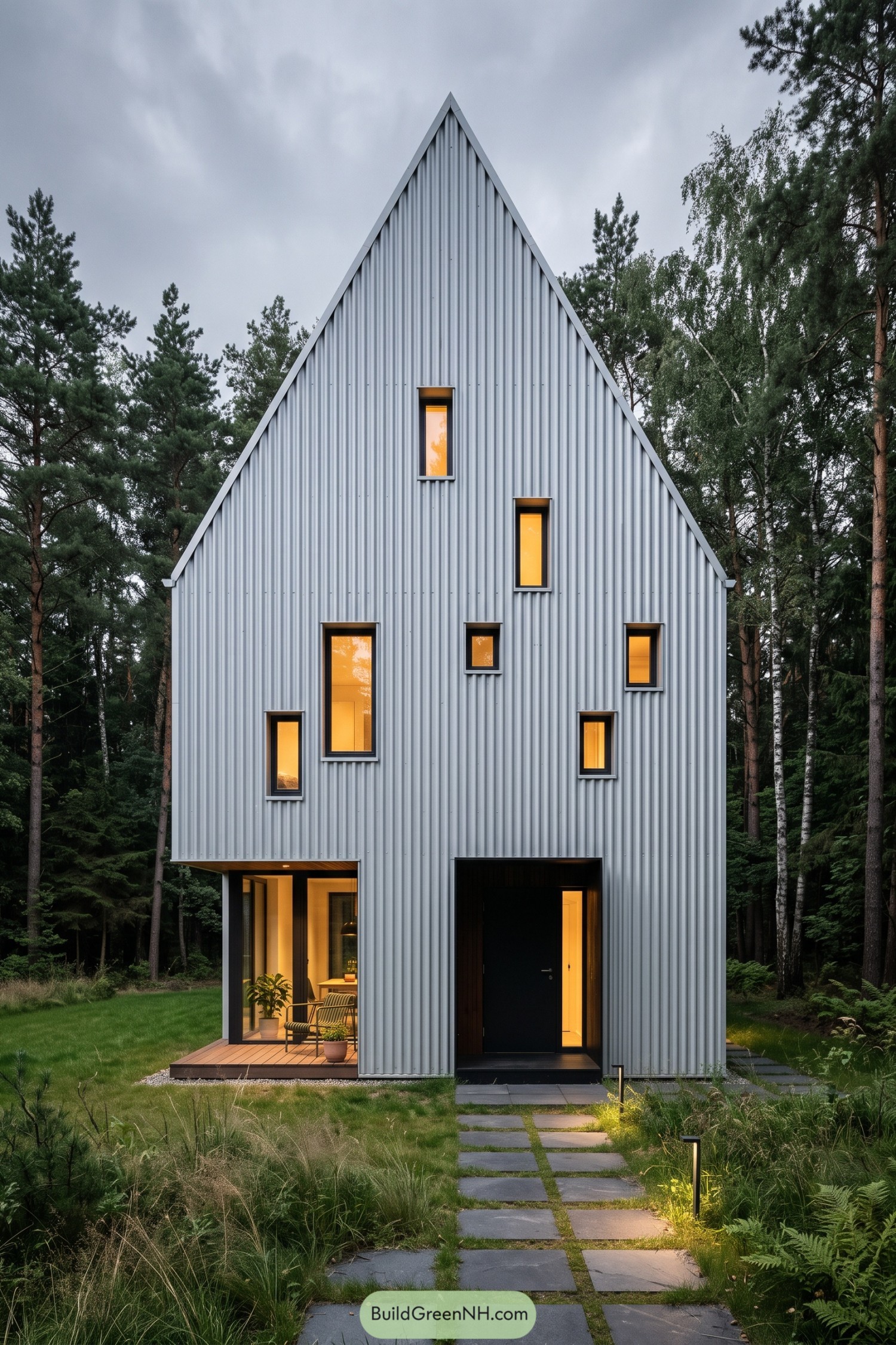 Tall gray metal gable house nestled among pine trees