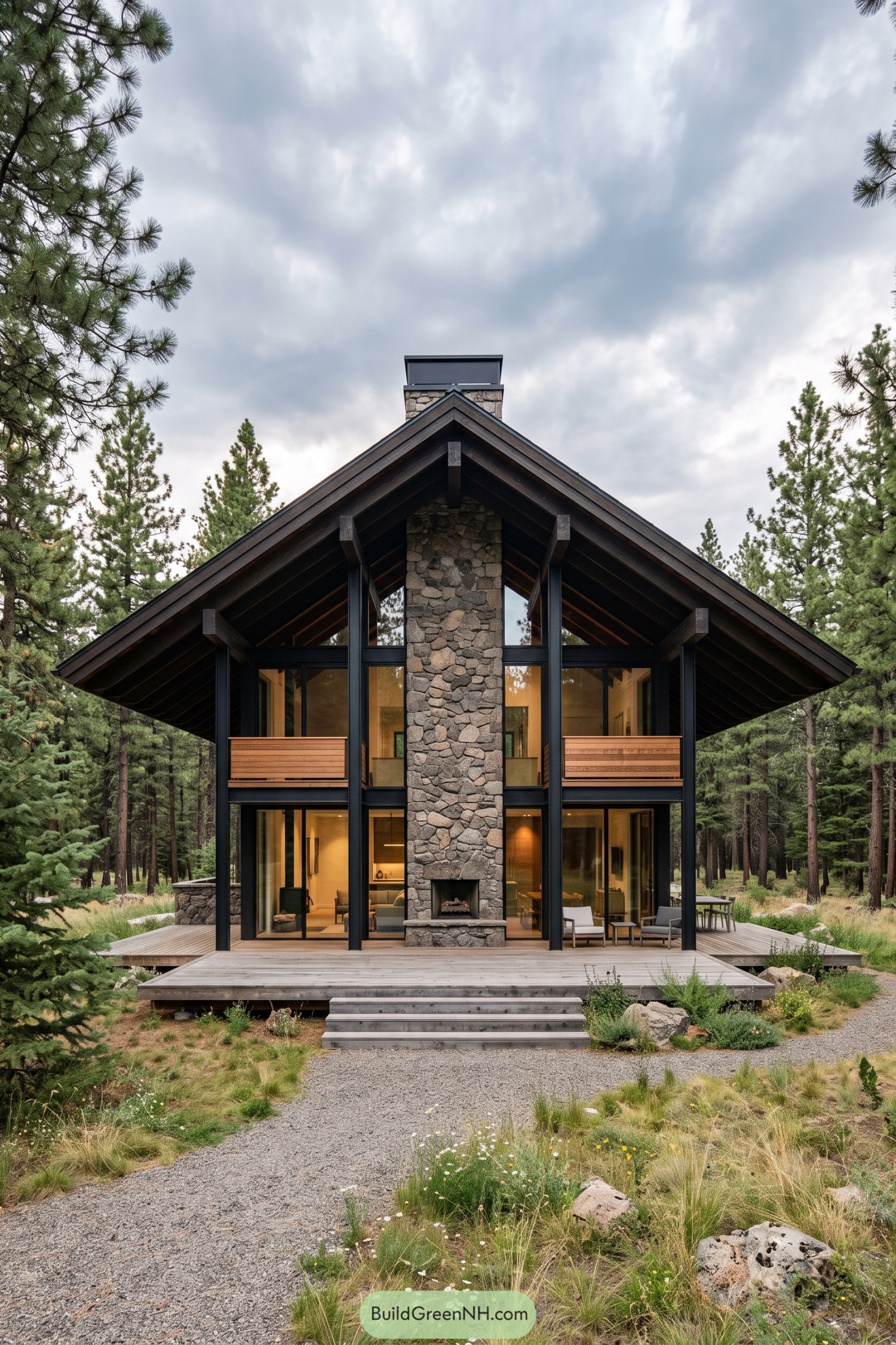 Modern gabled home with stone chimney among pines