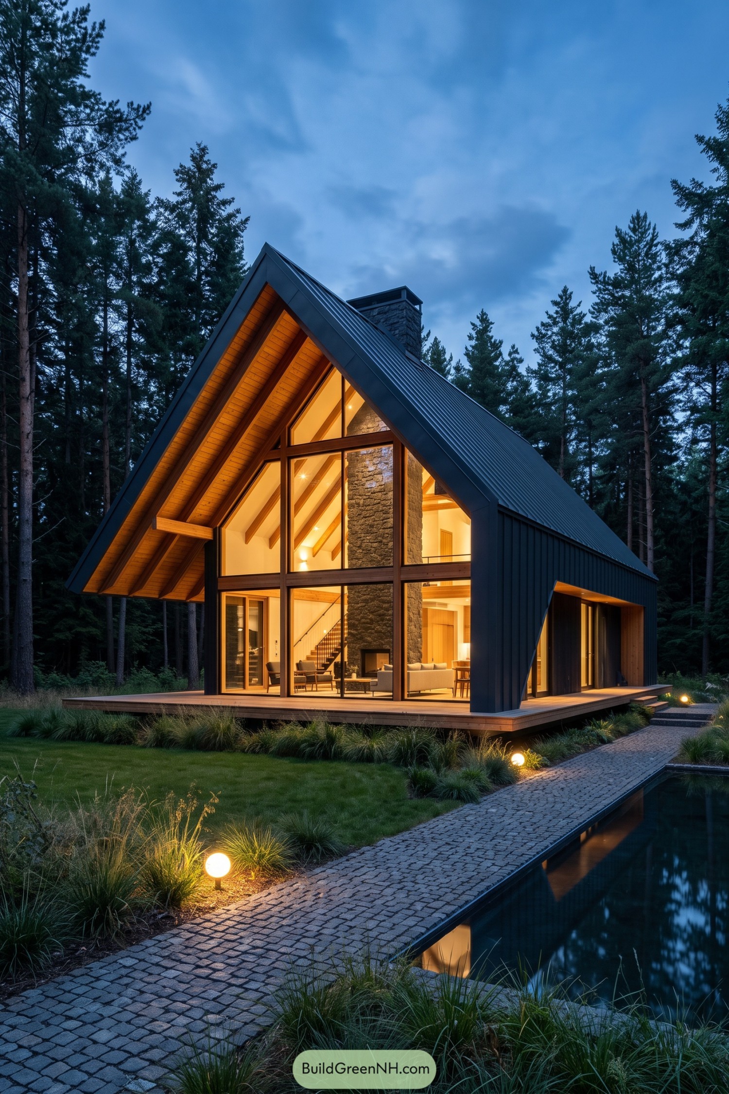 Modern A frame house with glazed gable and stone chimney in a pine forest