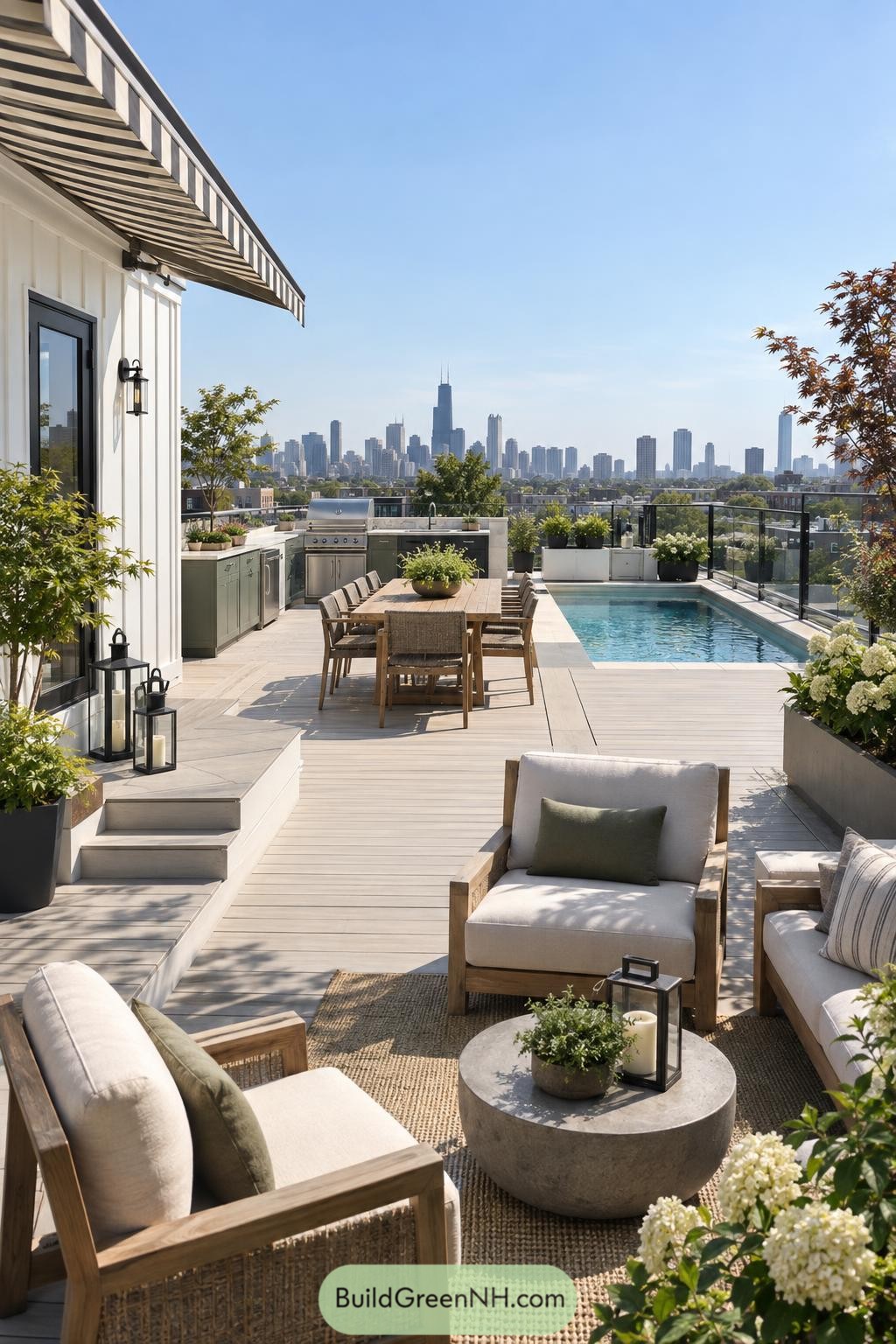 Rooftop terrace with pool outdoor kitchen dining and city views