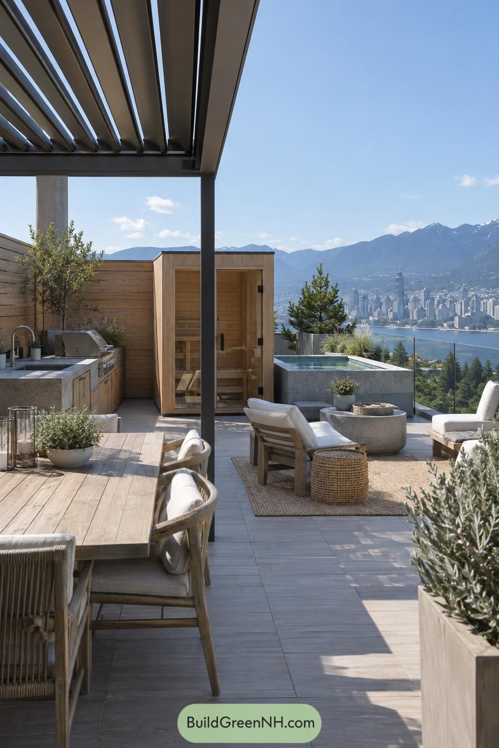Rooftop terrace with sauna spa pergola and mountain views