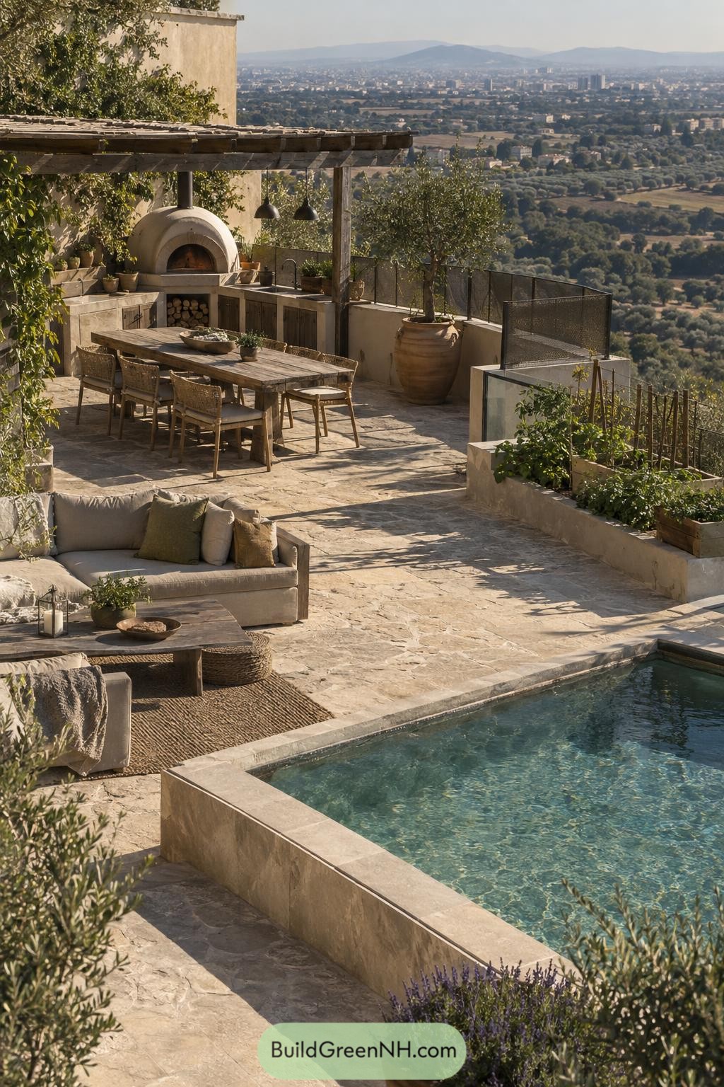 Stone terrace with pool lounge pergola dining and wood fired oven overlooking hills