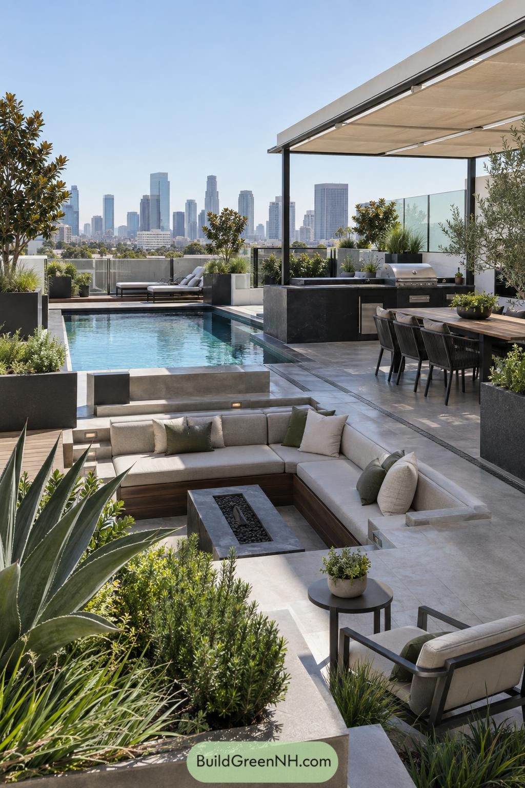 Rooftop terrace with pool firepit kitchen and skyline views