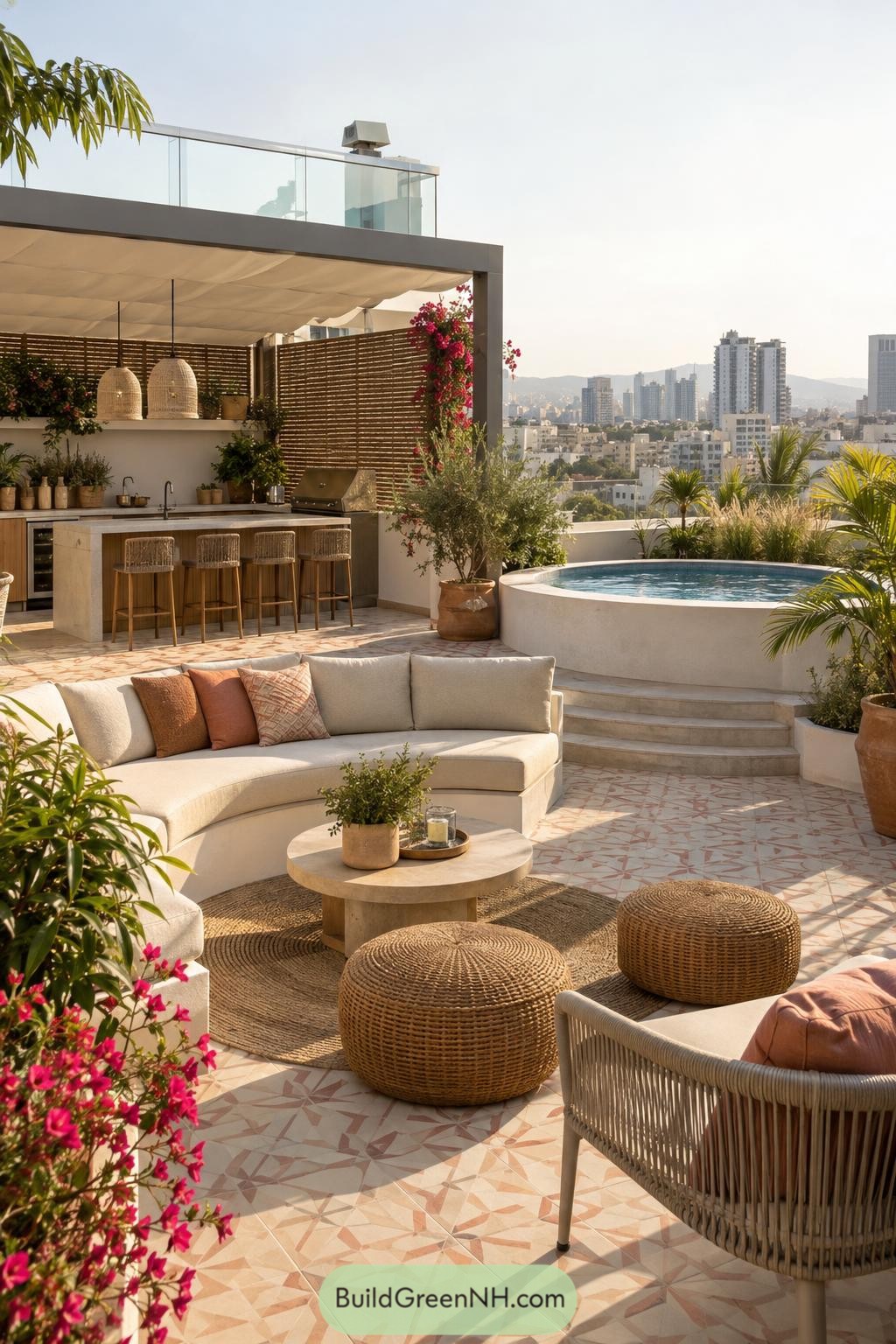 Rooftop lounge with circular plunge pool and outdoor kitchen