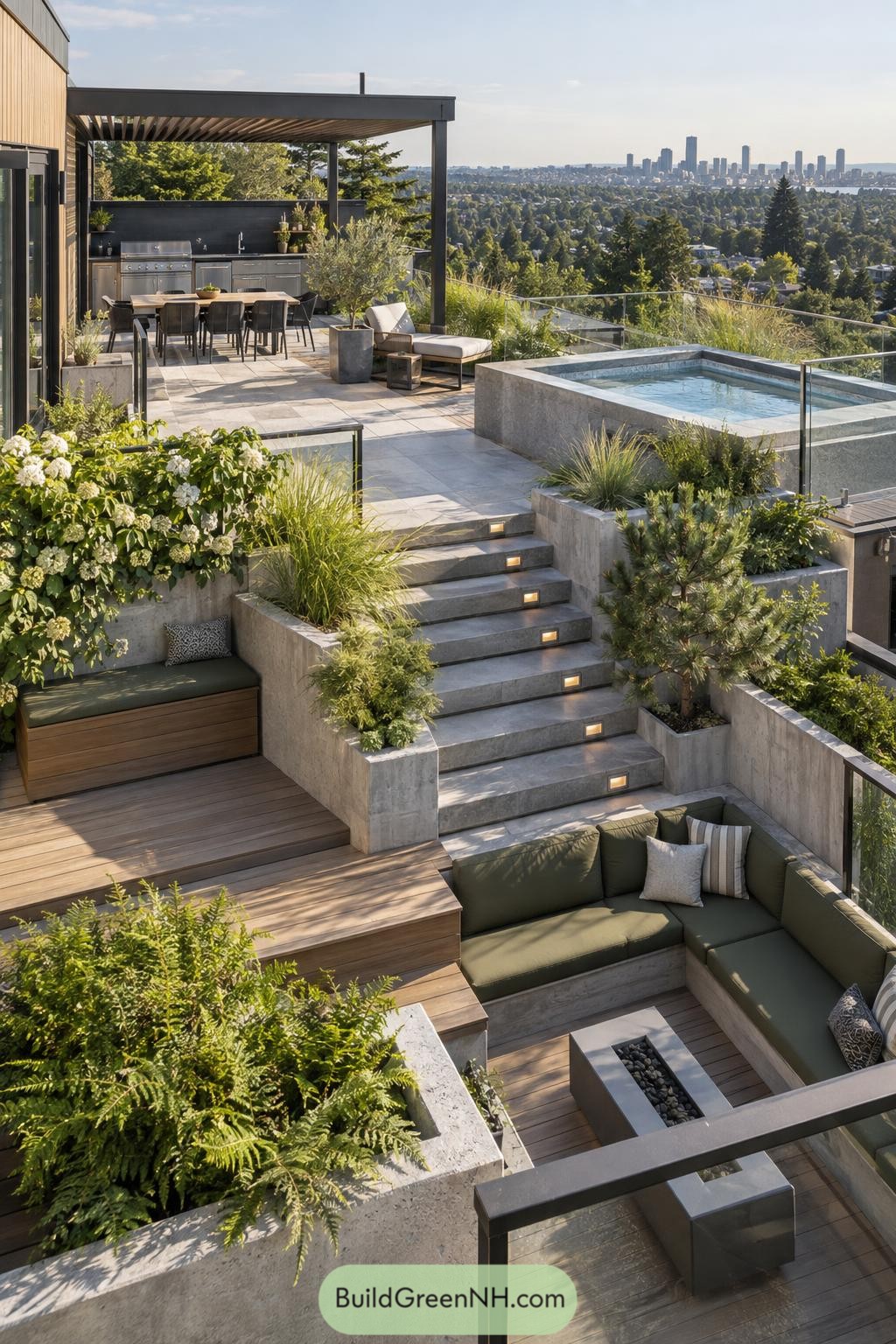 Tiered rooftop terrace with spa dining pergola and fire lounge overlooking the city