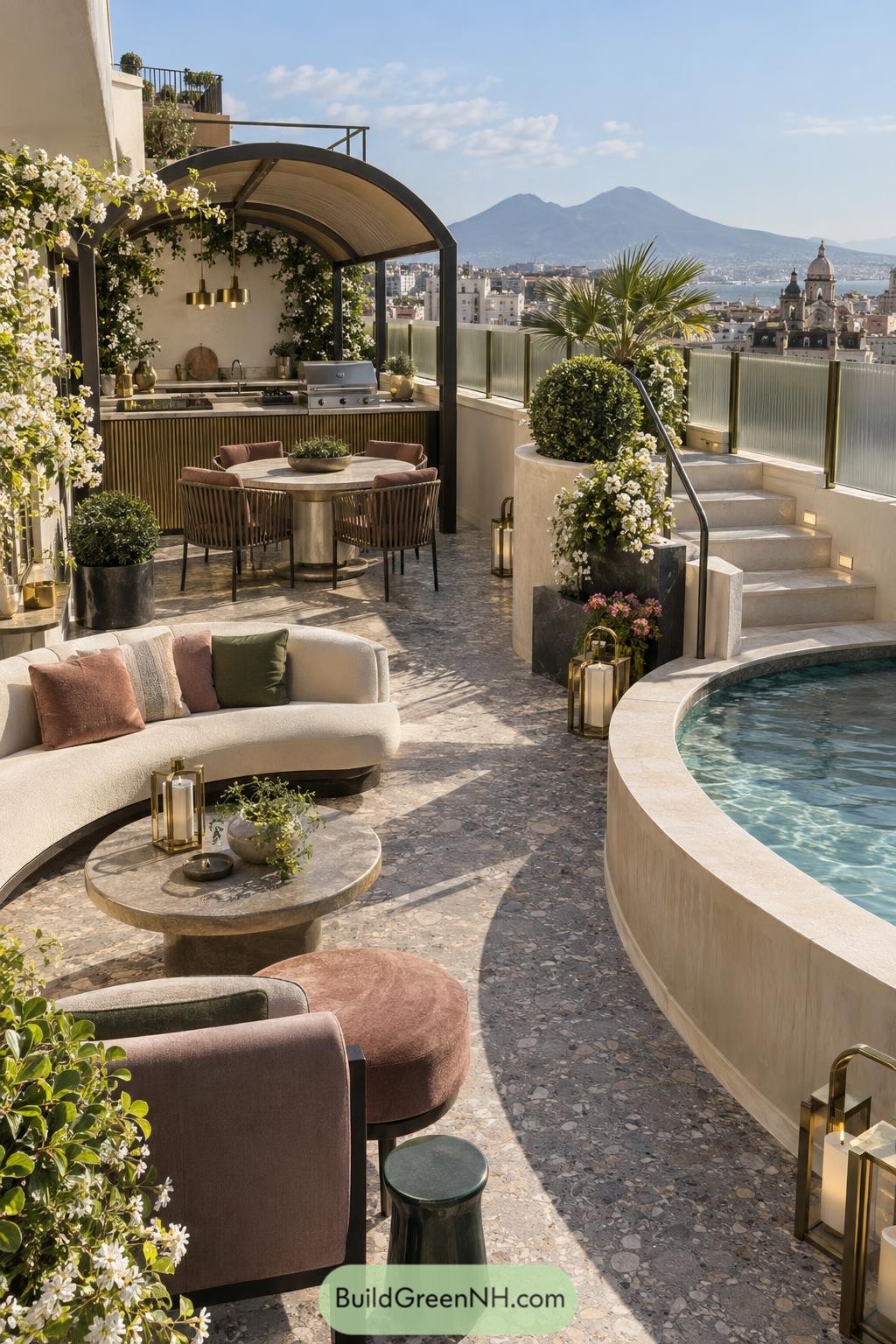 Curved rooftop plunge pool with outdoor kitchen overlooking Naples and Mount Vesuvius