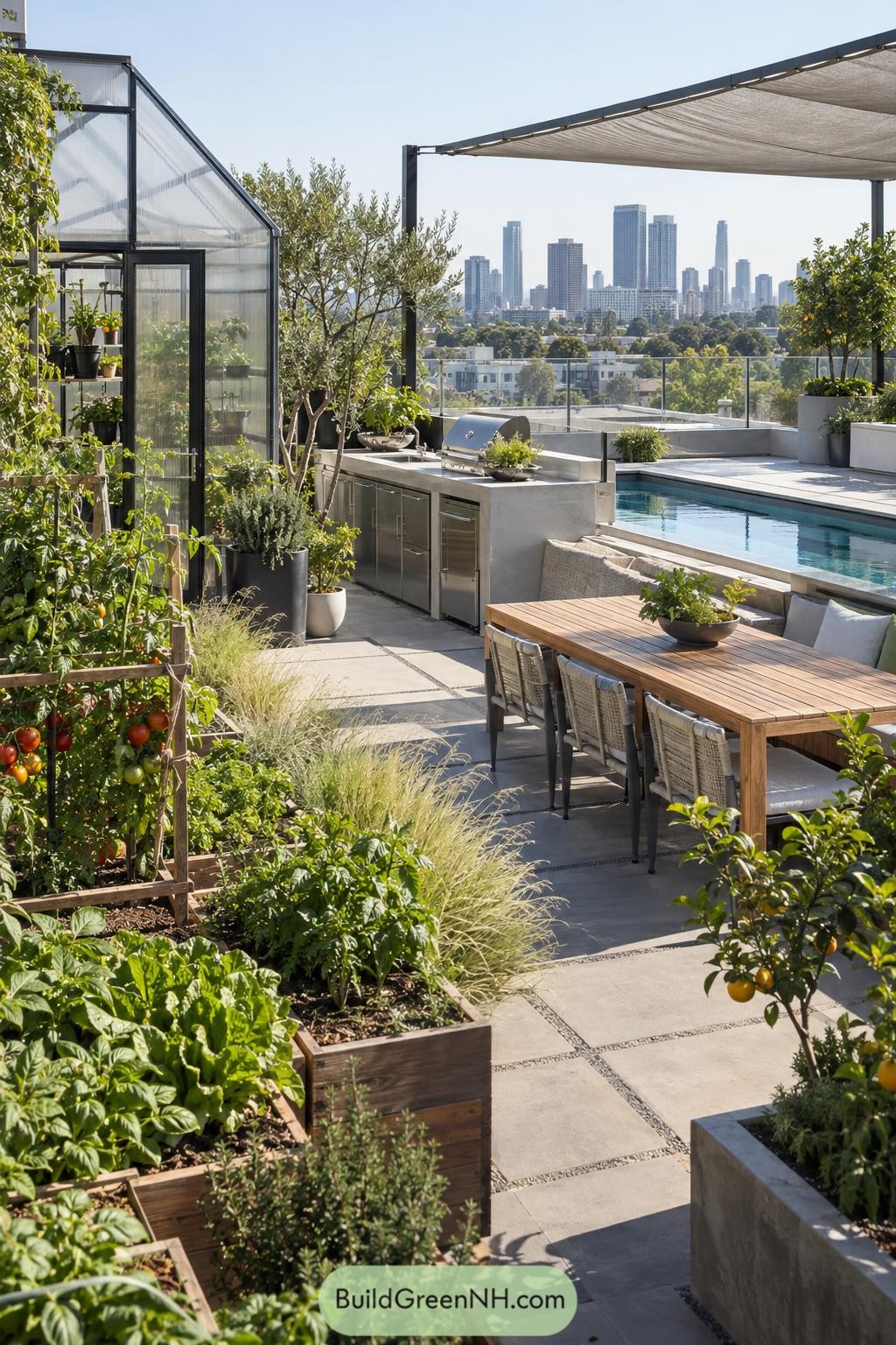 Rooftop garden with greenhouse pool kitchen and skyline views
