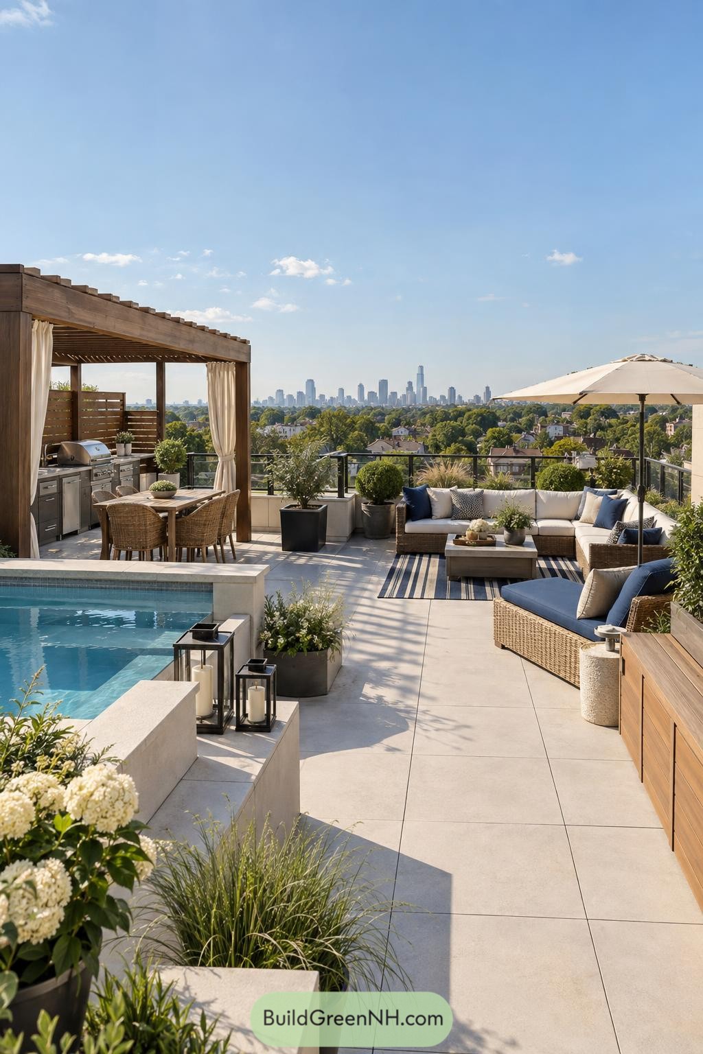 Rooftop terrace with plunge pool pergola kitchen and city view