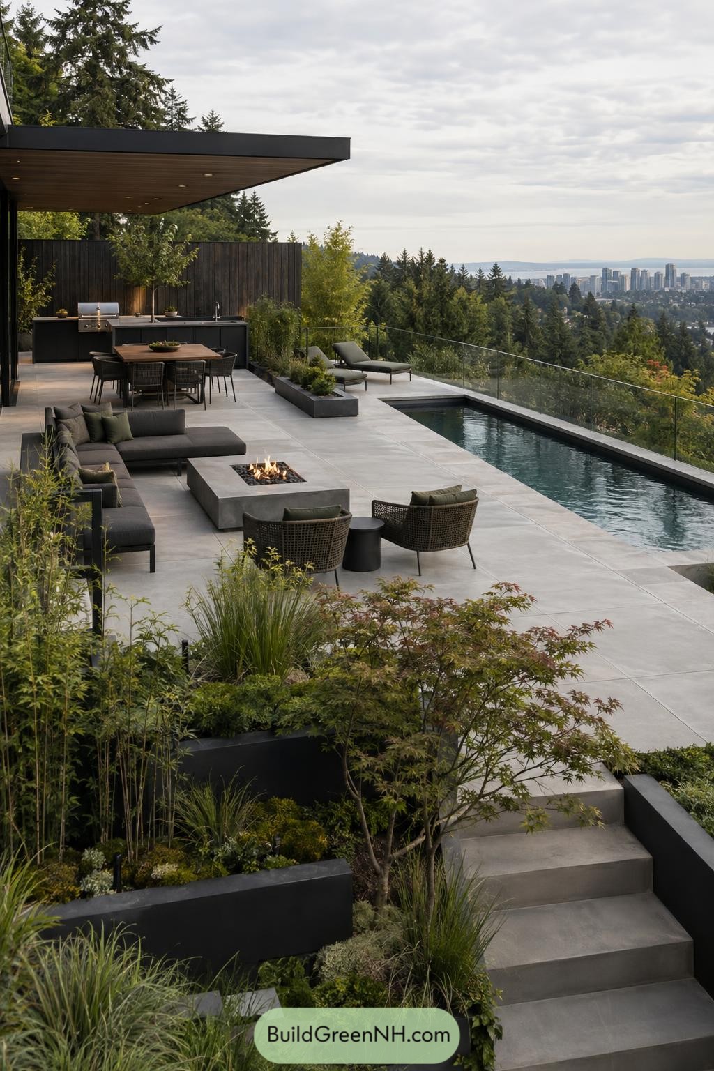 Contemporary terrace with lap pool firepit and city view
