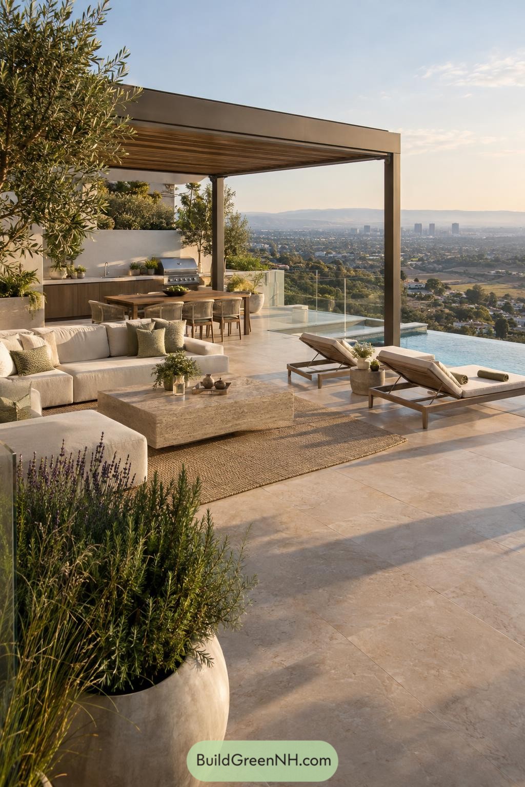 Pergola-covered terrace with infinity pool and city views