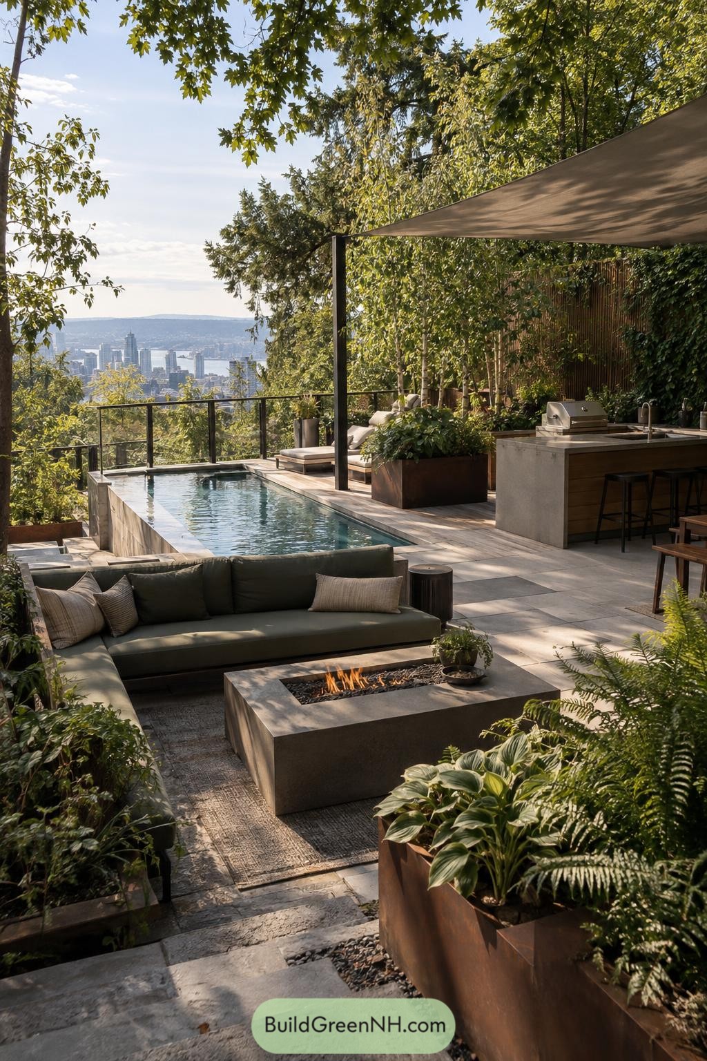 Lush hillside terrace with pool fire table and outdoor kitchen