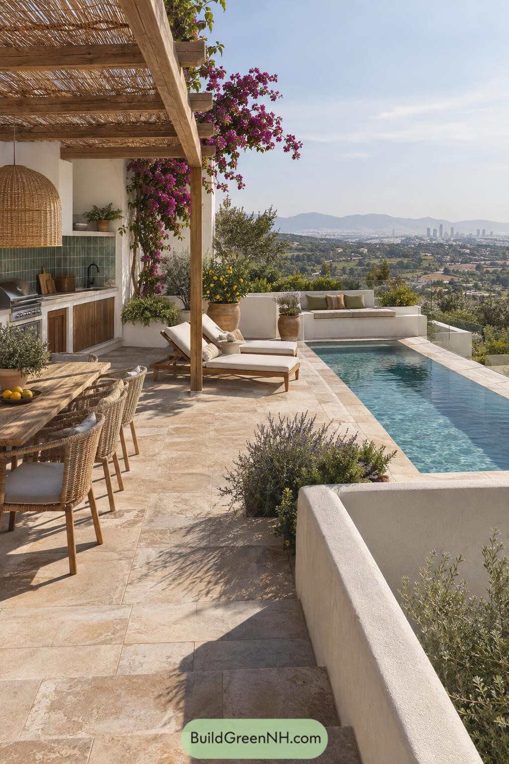Terrace pool with pergola kitchen and mountain views